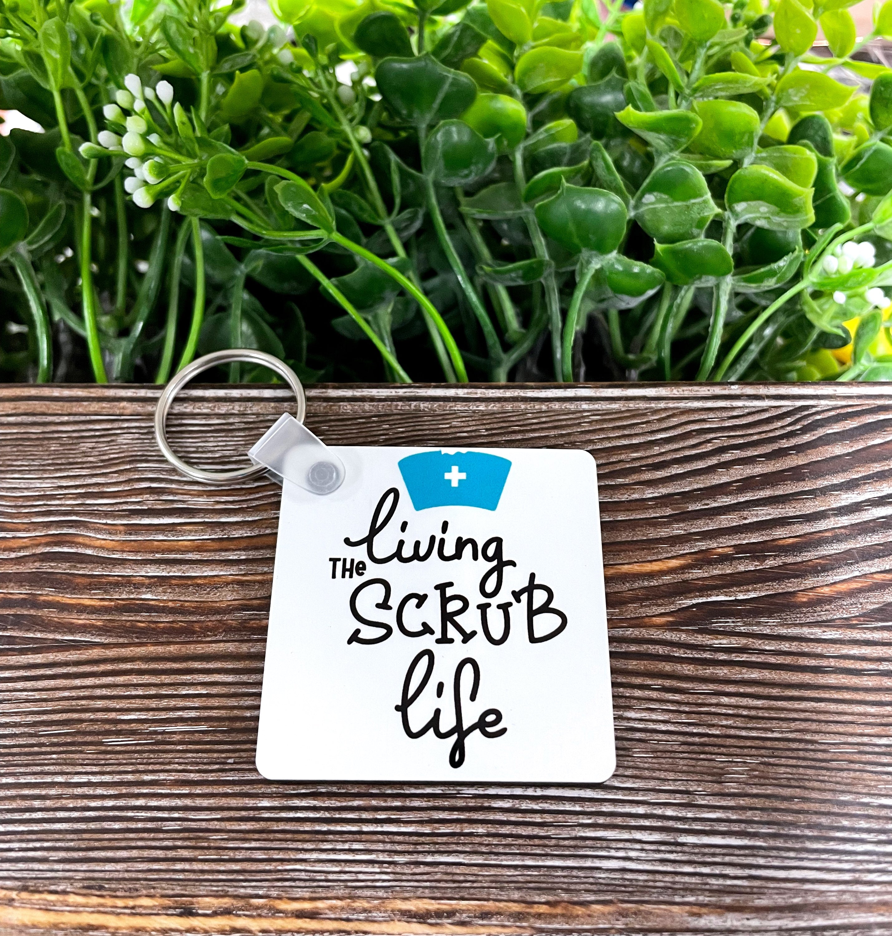 Living the Scrub Life Nursing MDF Square Keychain featuring vibrant colors and a lightweight design, perfect for healthcare professionals.