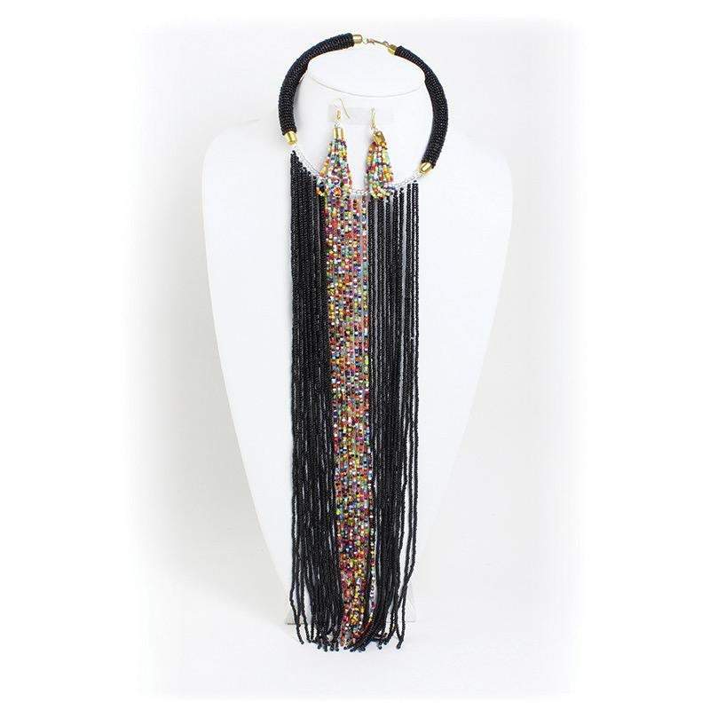 Maasai Multi-strand Long Beaded Choker Necklace with colorful beads and cascading fringe, showcasing vibrant pink and rainbow colors.