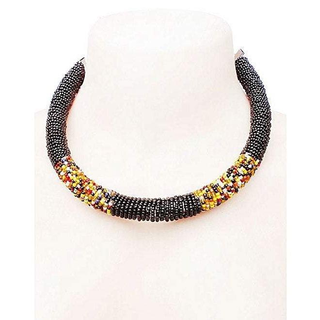 Maasai round beaded choker necklace featuring black and yellow seed beads with a tube and clasp closure.