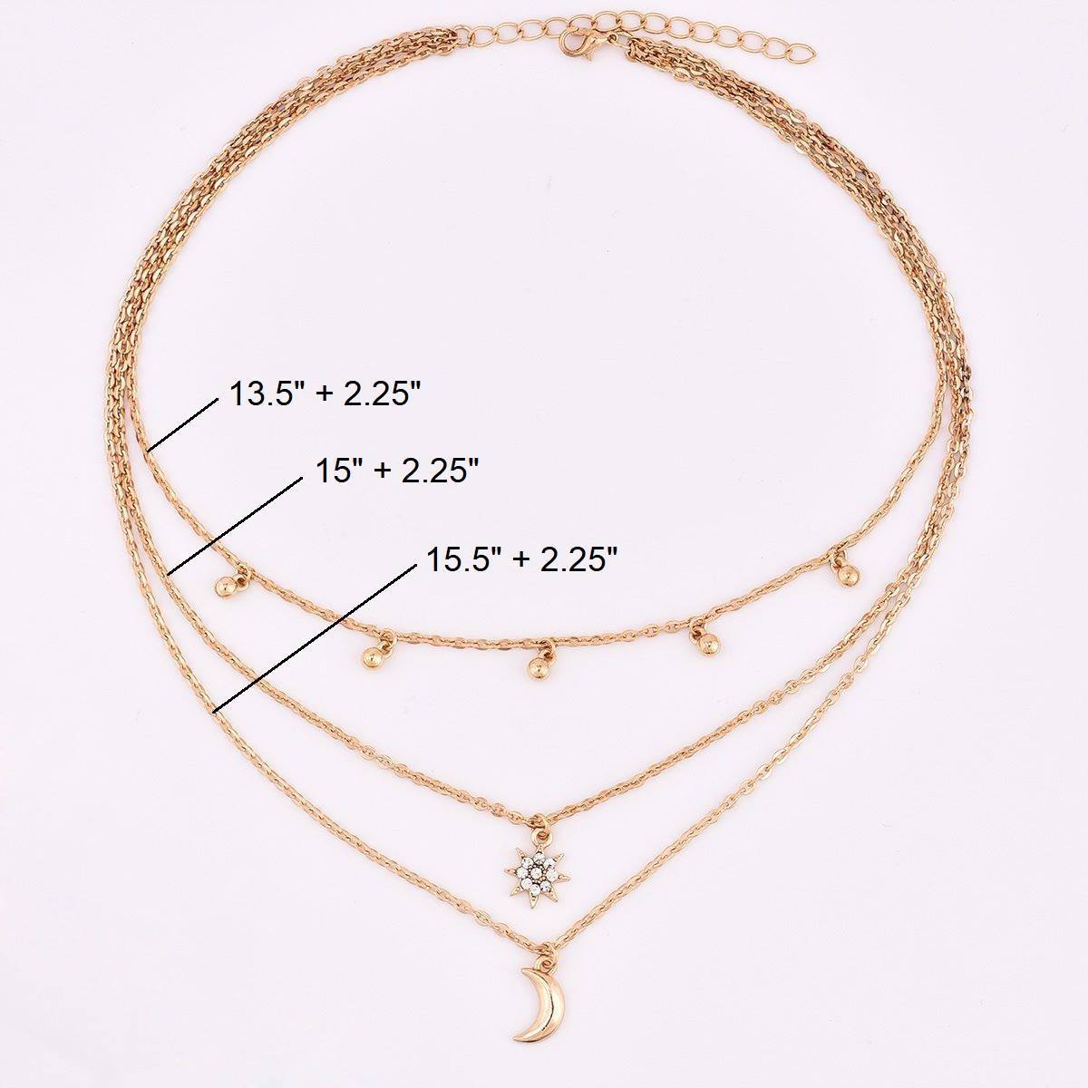 A beautiful three-layer necklace featuring a crescent moon, a star, and round beads, crafted from high-quality zinc alloy.