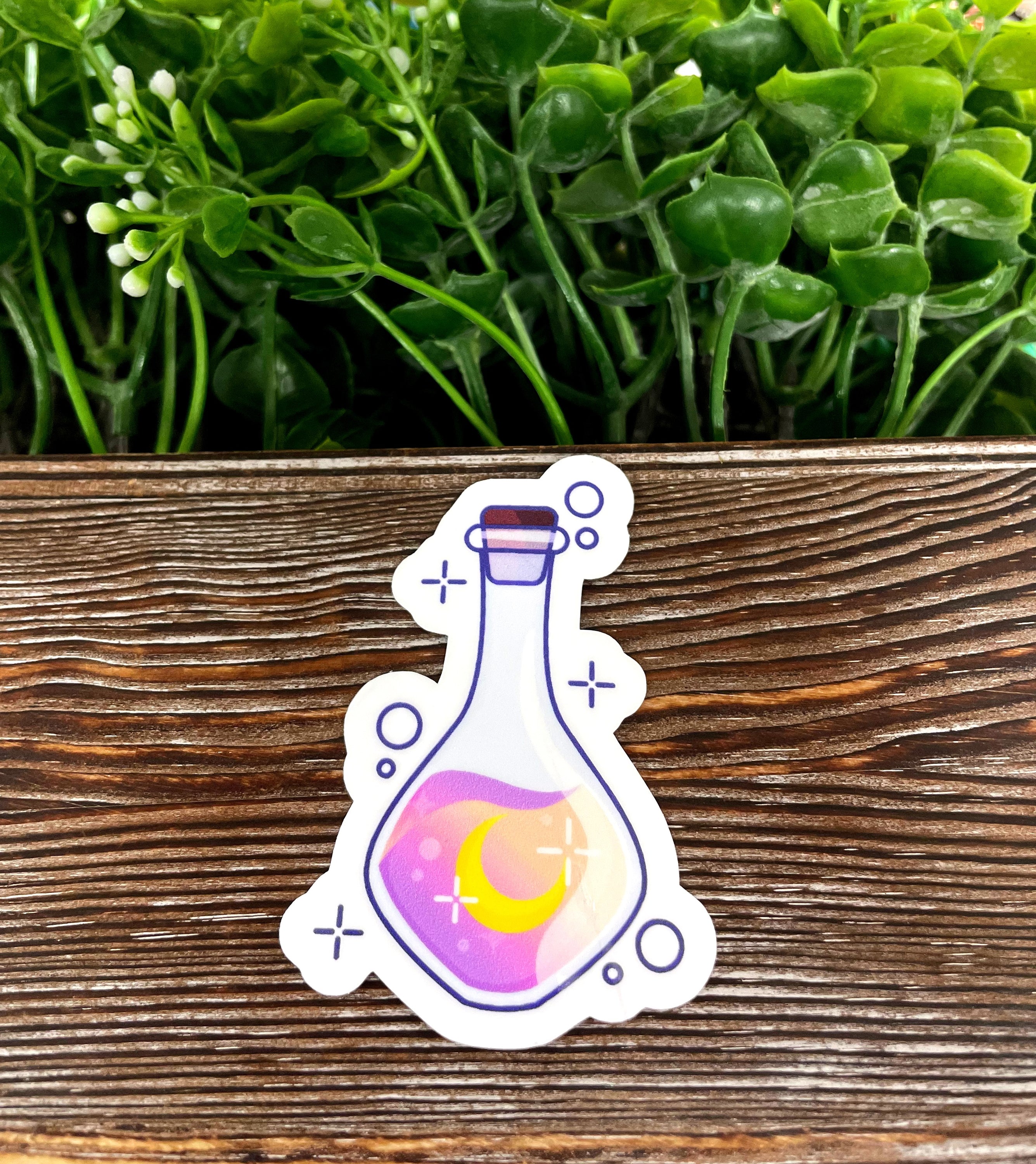 A vibrant Mystic Potion Bottle die cut vinyl sticker featuring a whimsical design, perfect for personalizing various smooth surfaces.