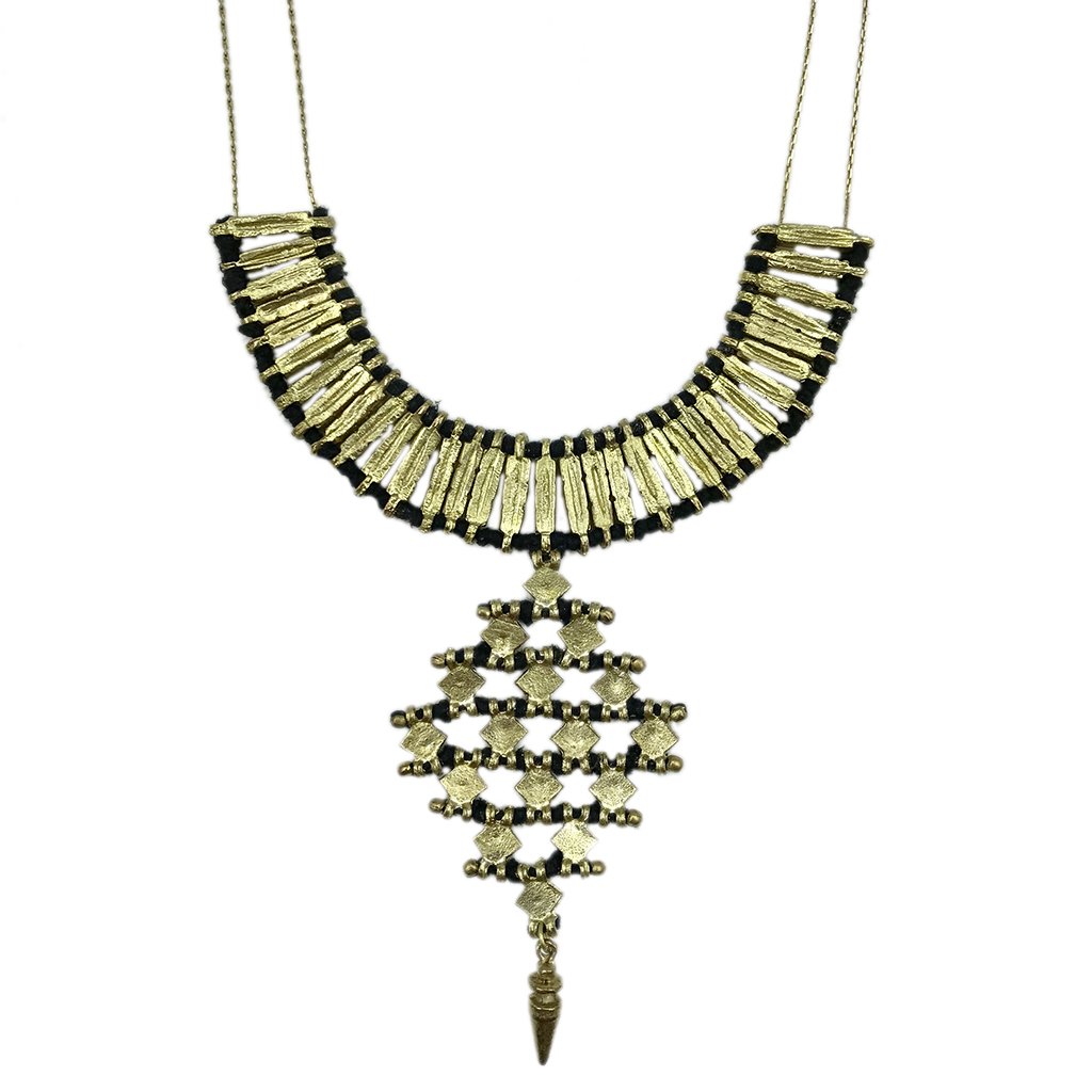 Nadu Temple Necklace featuring a long zinc alloy design with cotton thread, showcasing traditional Indian craftsmanship and modern bohemian style.