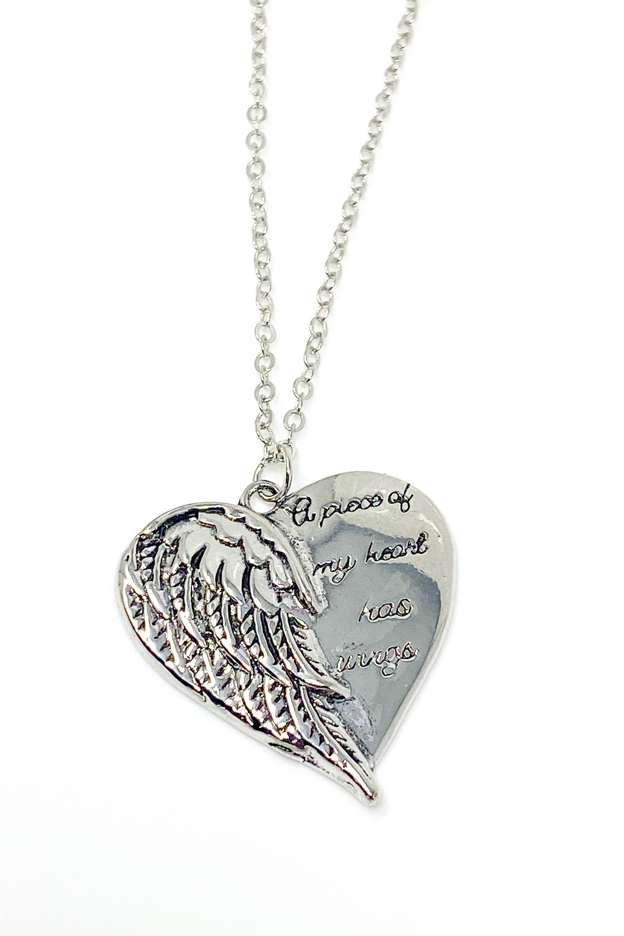 A silver remembrance necklace featuring wings, symbolizing love and memory, crafted from high-quality zinc alloy.