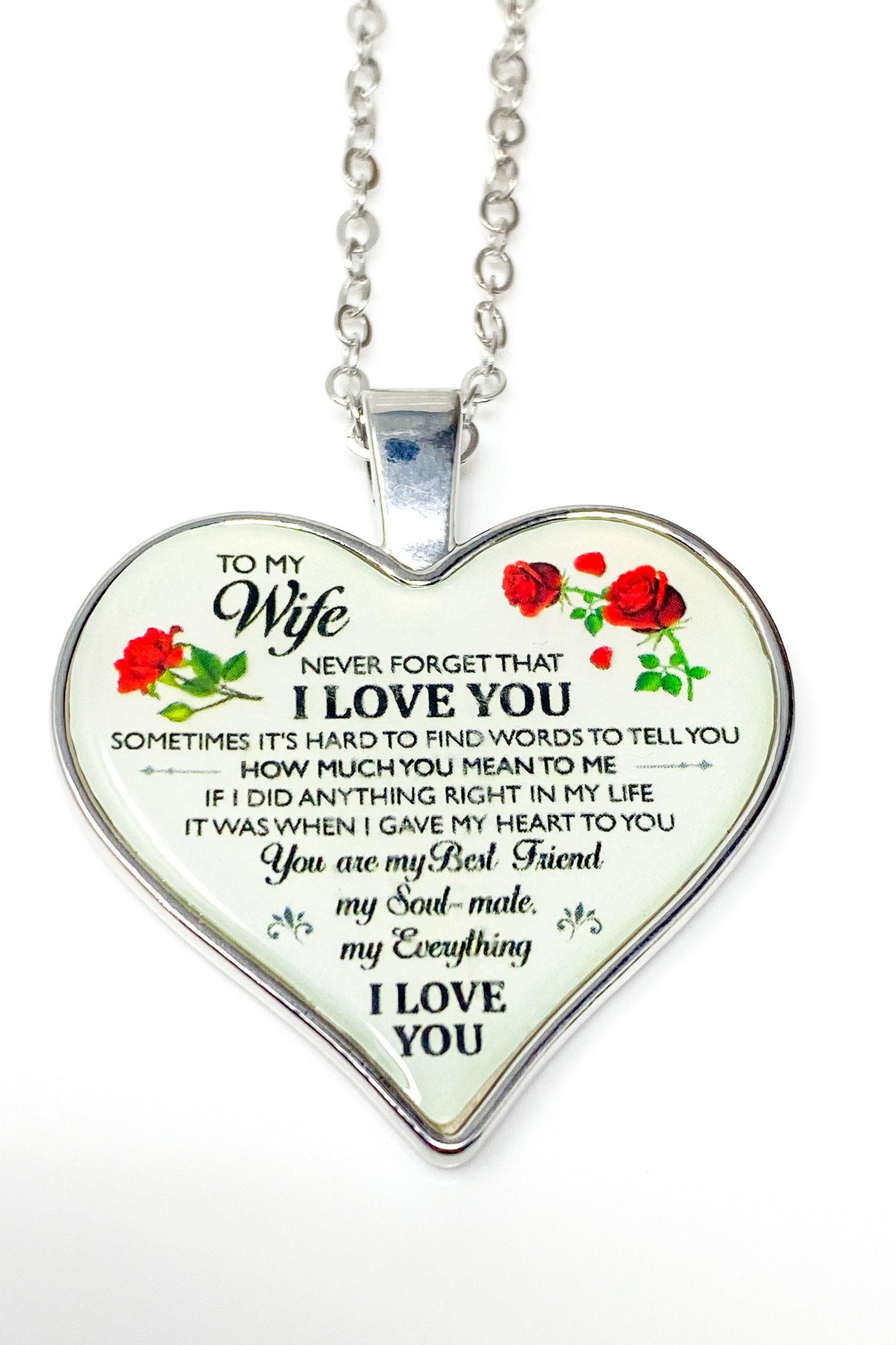 To My Wife Heart Keepsake Necklace in silver, elegantly displayed in a gift box with purple velvet inset.