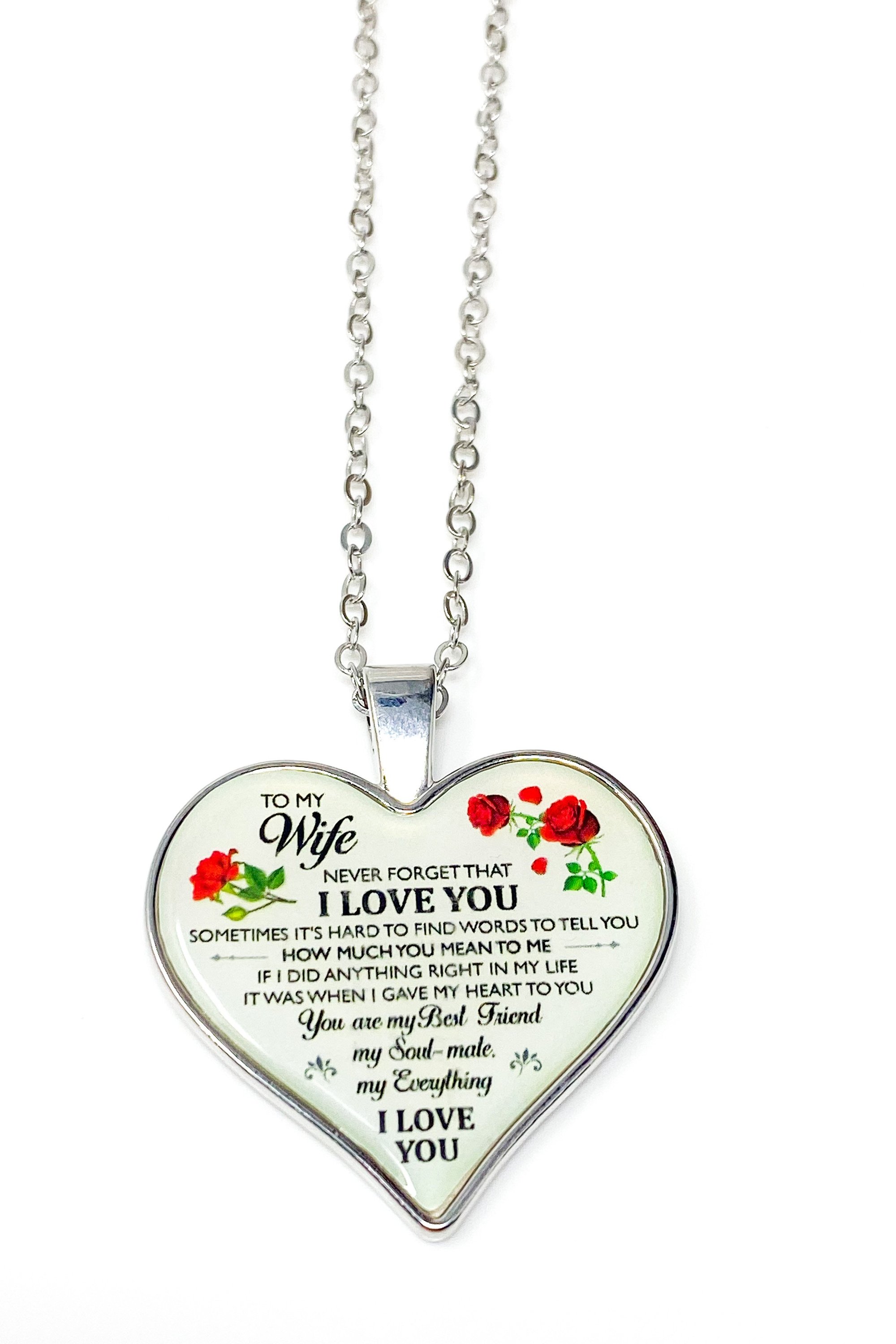 To My Wife Heart Keepsake Necklace in silver, elegantly displayed in a gift box with purple velvet inset.