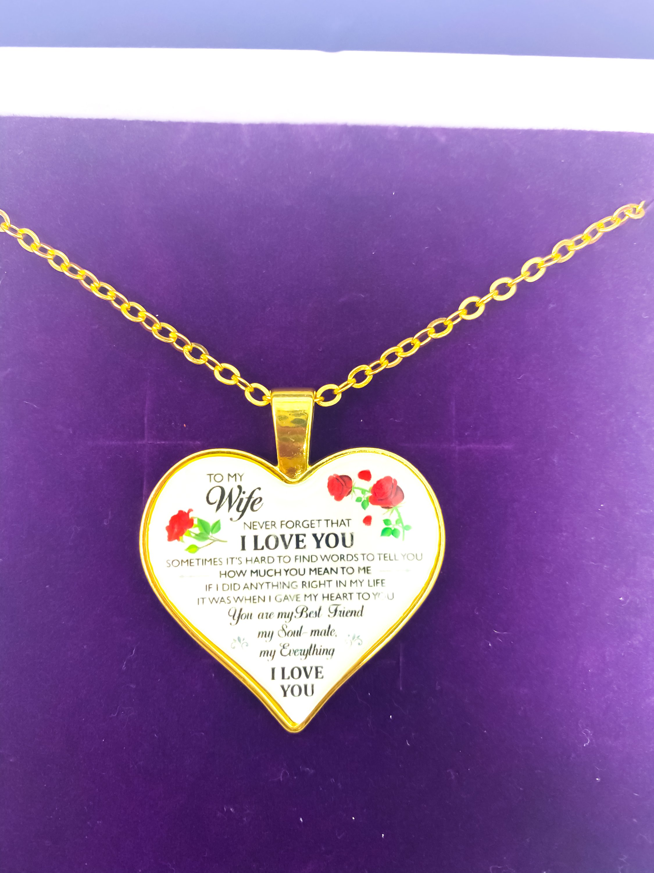 To My Wife Heart Keepsake Necklace in silver, elegantly displayed in a gift box with purple velvet inset.