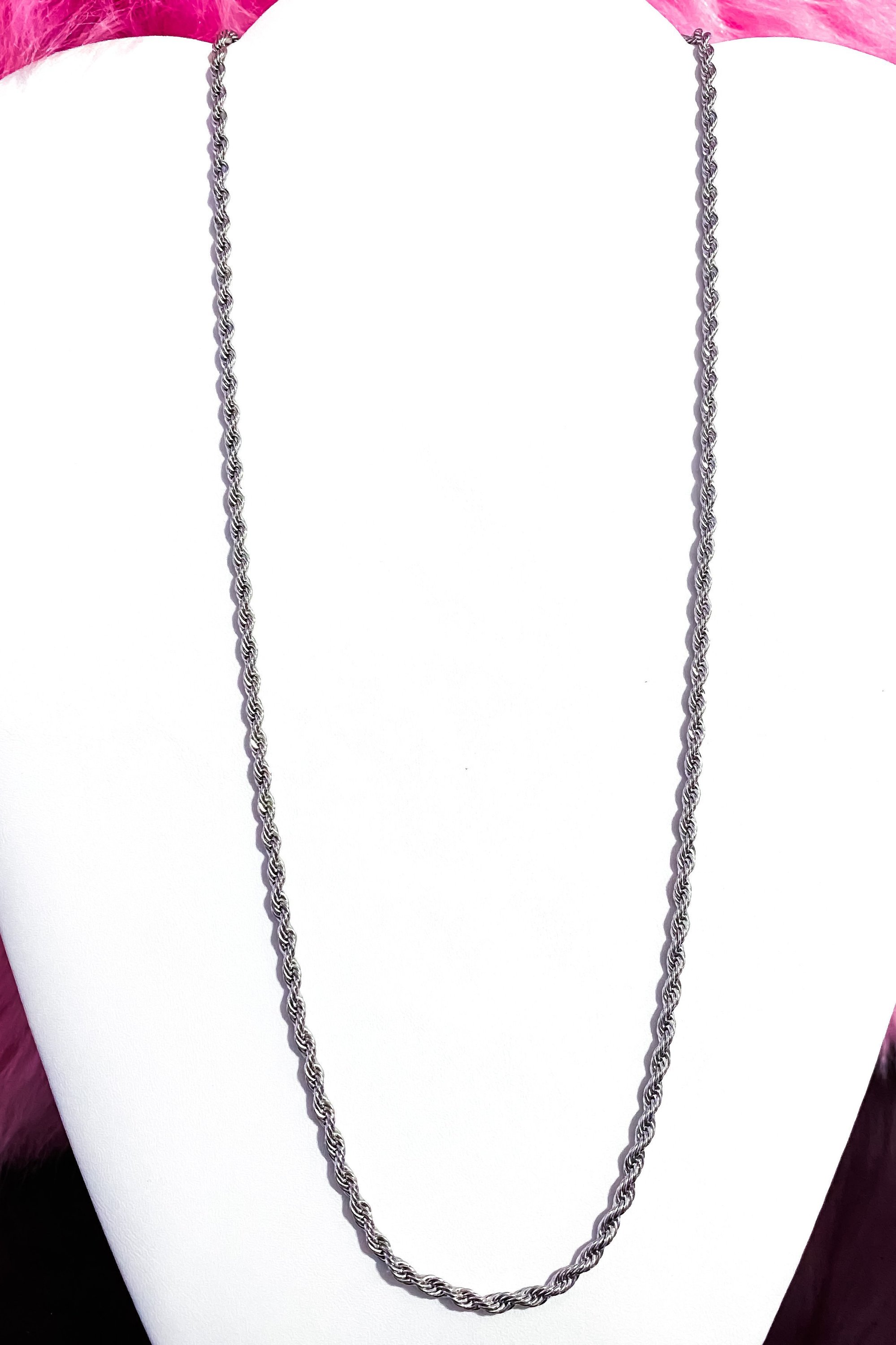 Unisex Rope Chain Silver Necklace featuring a single row design made of high polished brass, perfect for casual or formal wear.