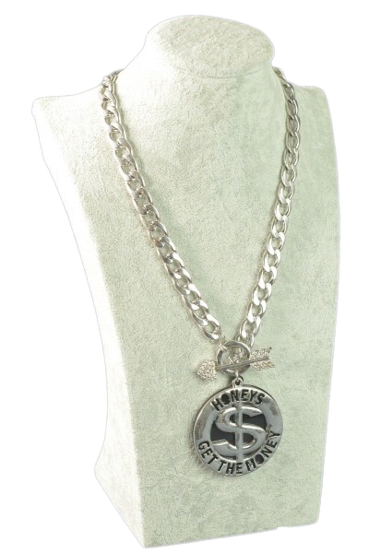 HONEYS GET THE MONEY NECKLACE featuring a double plated design with a toggle clasp and a 2-inch drop pendant on a 20-inch chain.