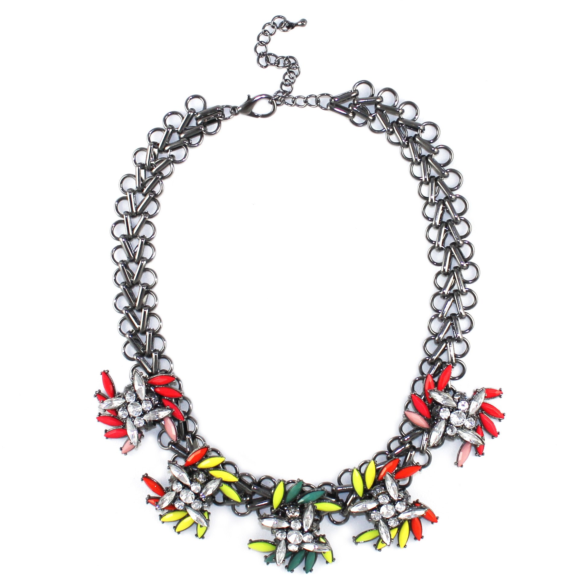 A vibrant Neon Spray Necklace featuring clusters of neon beads on a graphite silver tone chain, perfect for adding a pop of color to any outfit.