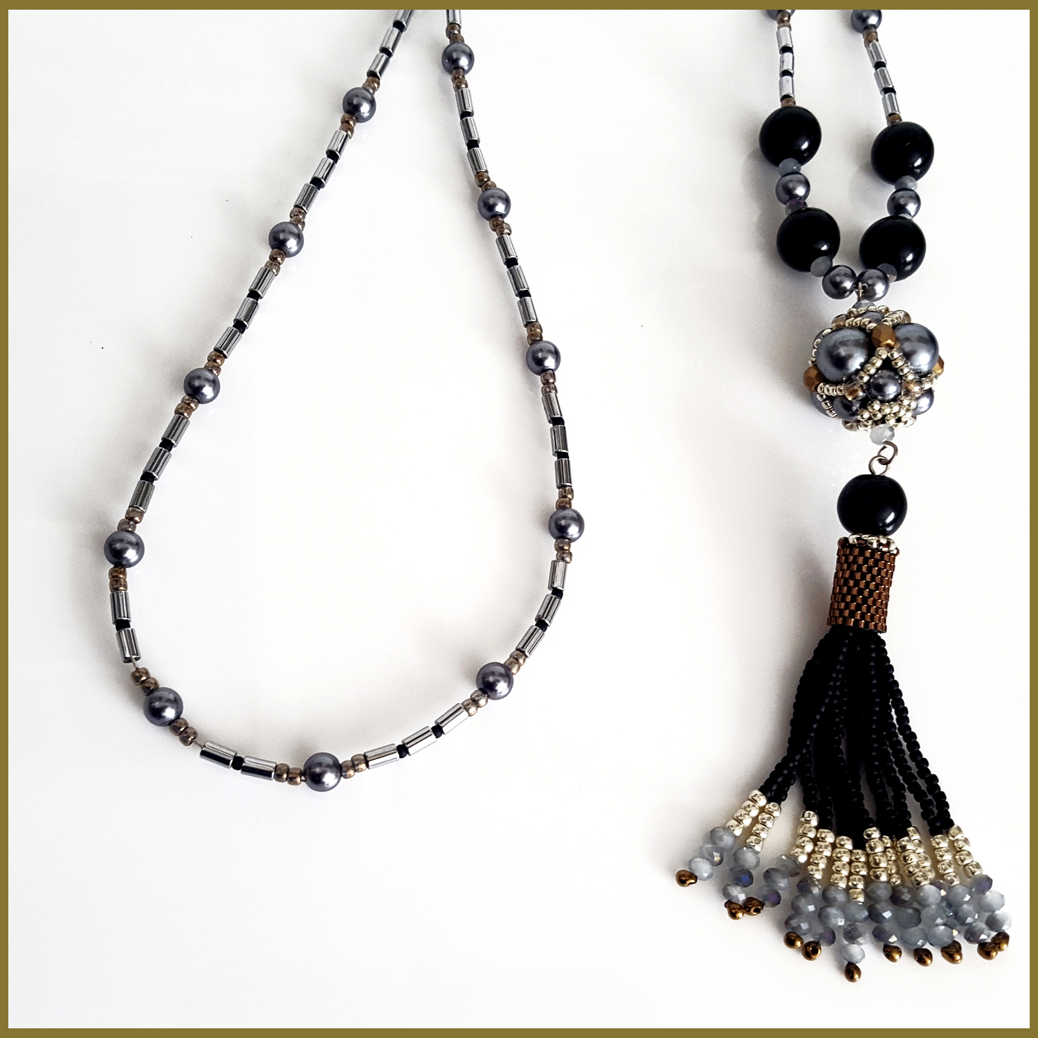 A stunning black beaded tassel necklace featuring silver hematite tubes, handmade with Toho and Delica seed beads, showcasing a boho chic design.