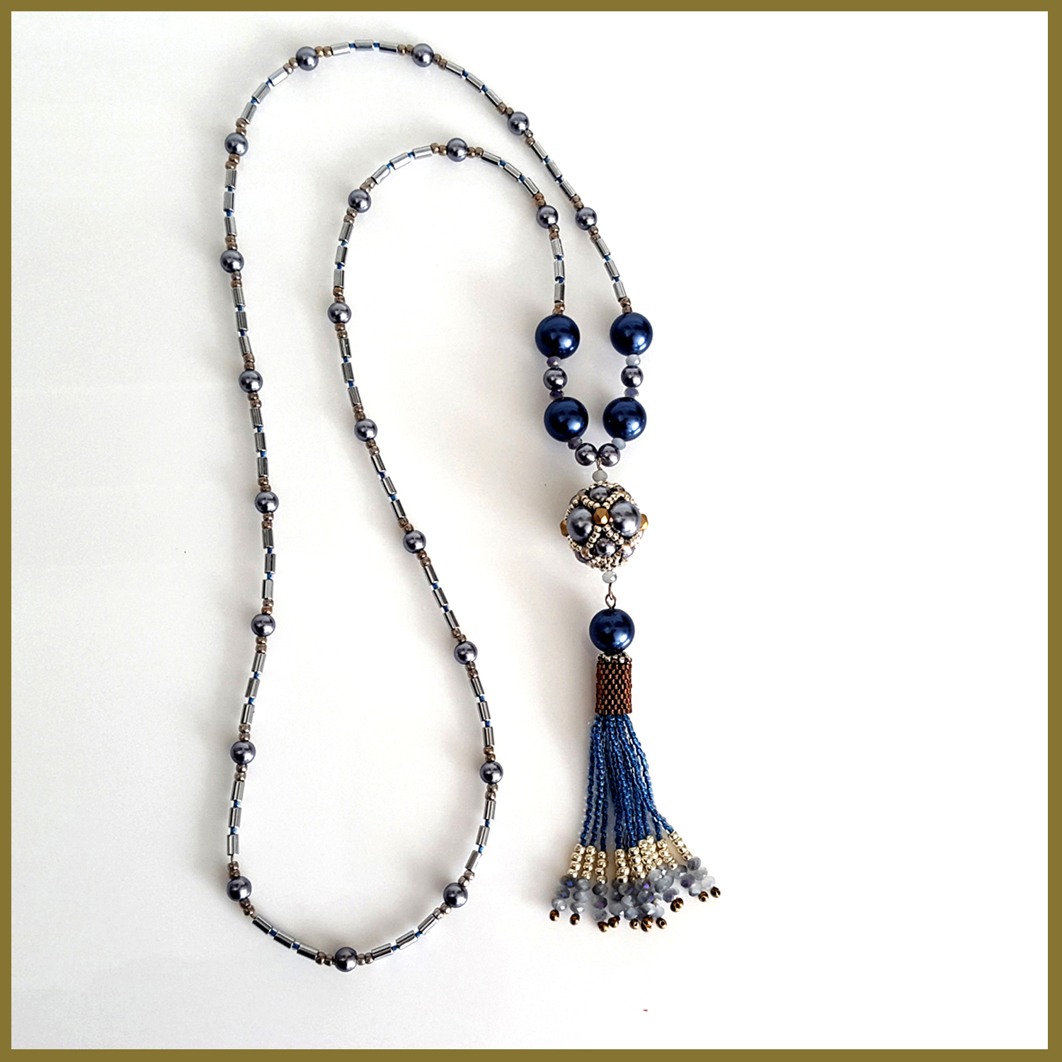 Blue and silver beaded necklace.