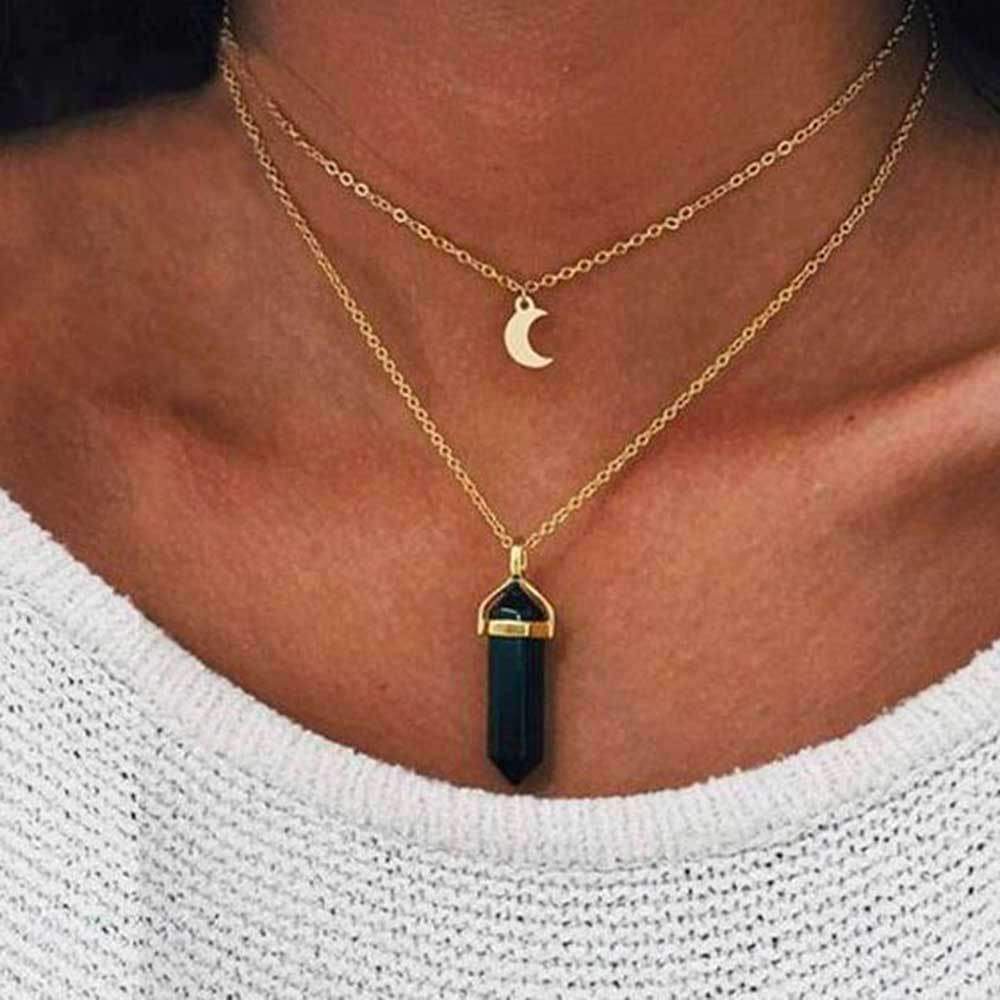 Obelisk Crescent Moon Necklace featuring a natural stone pendant in black agate or purple amethyst on a double layer choker chain.