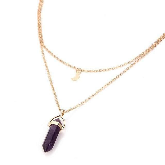 Obelisk Crescent Moon Necklace featuring a natural stone pendant in black agate or purple amethyst on a double layer choker chain.