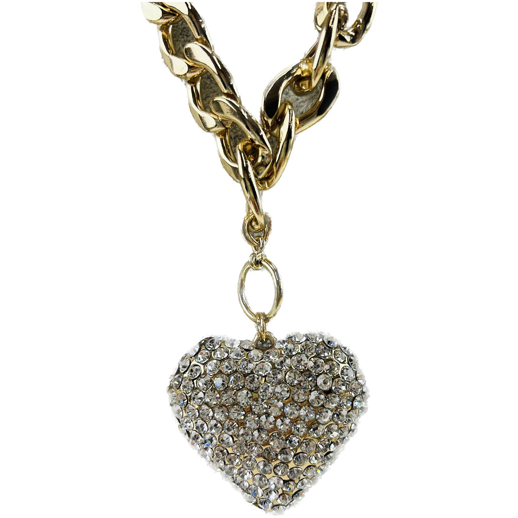 A glamorous oversized rhinestone heart pendant necklace with a toggle clasp, showcasing sparkling rhinestones.