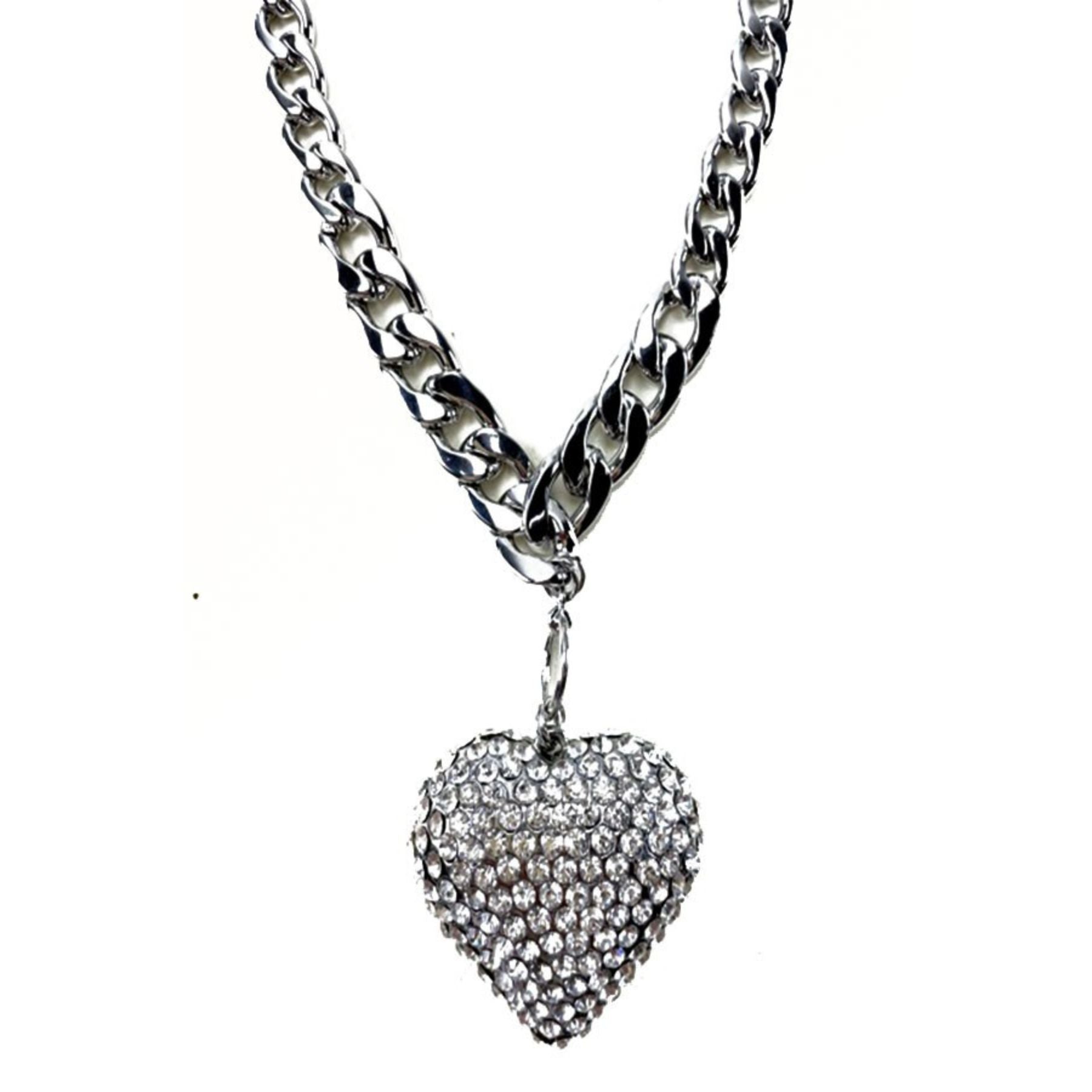 A glamorous oversized rhinestone heart pendant necklace with a toggle clasp, showcasing sparkling rhinestones.