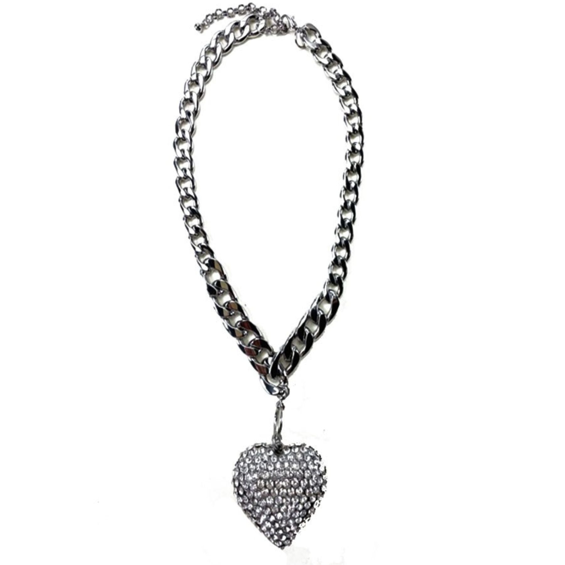 A glamorous oversized rhinestone heart pendant necklace with a toggle clasp, showcasing sparkling rhinestones.