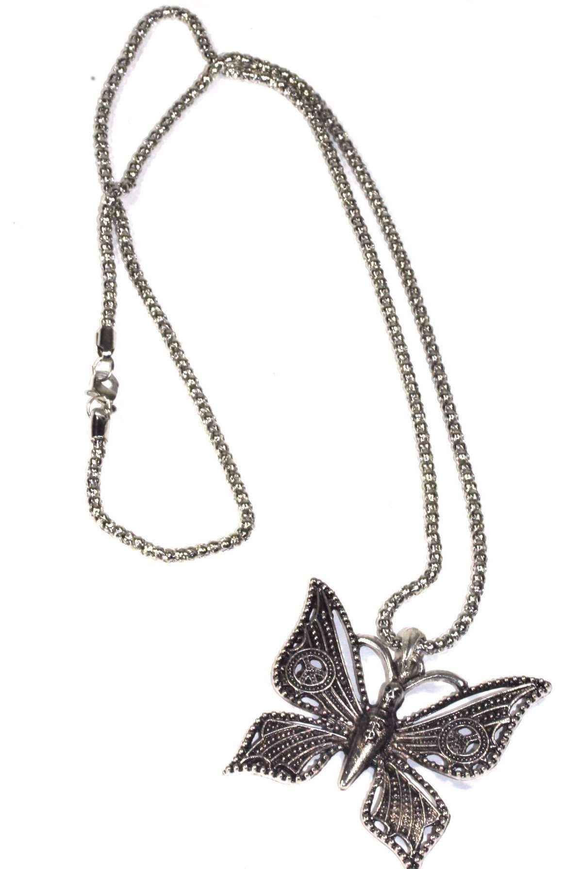 A gothic silver-tone butterfly necklace featuring peace signs on wings and a skull head centerpiece, showcasing unique design.