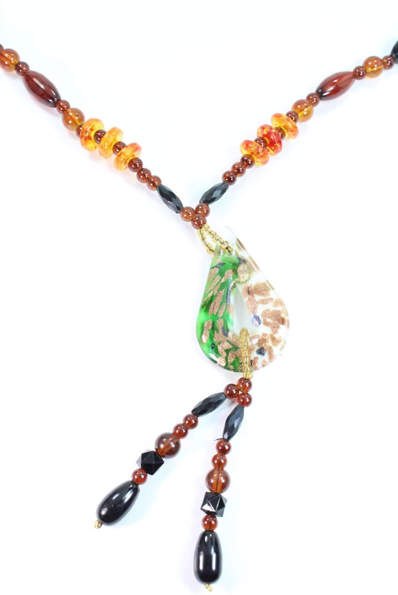 A stunning Pear Pendant Gypsy Style Shimmer Necklace featuring colorful resin beads and a golden shimmer pendant, perfect for stylish outfits.