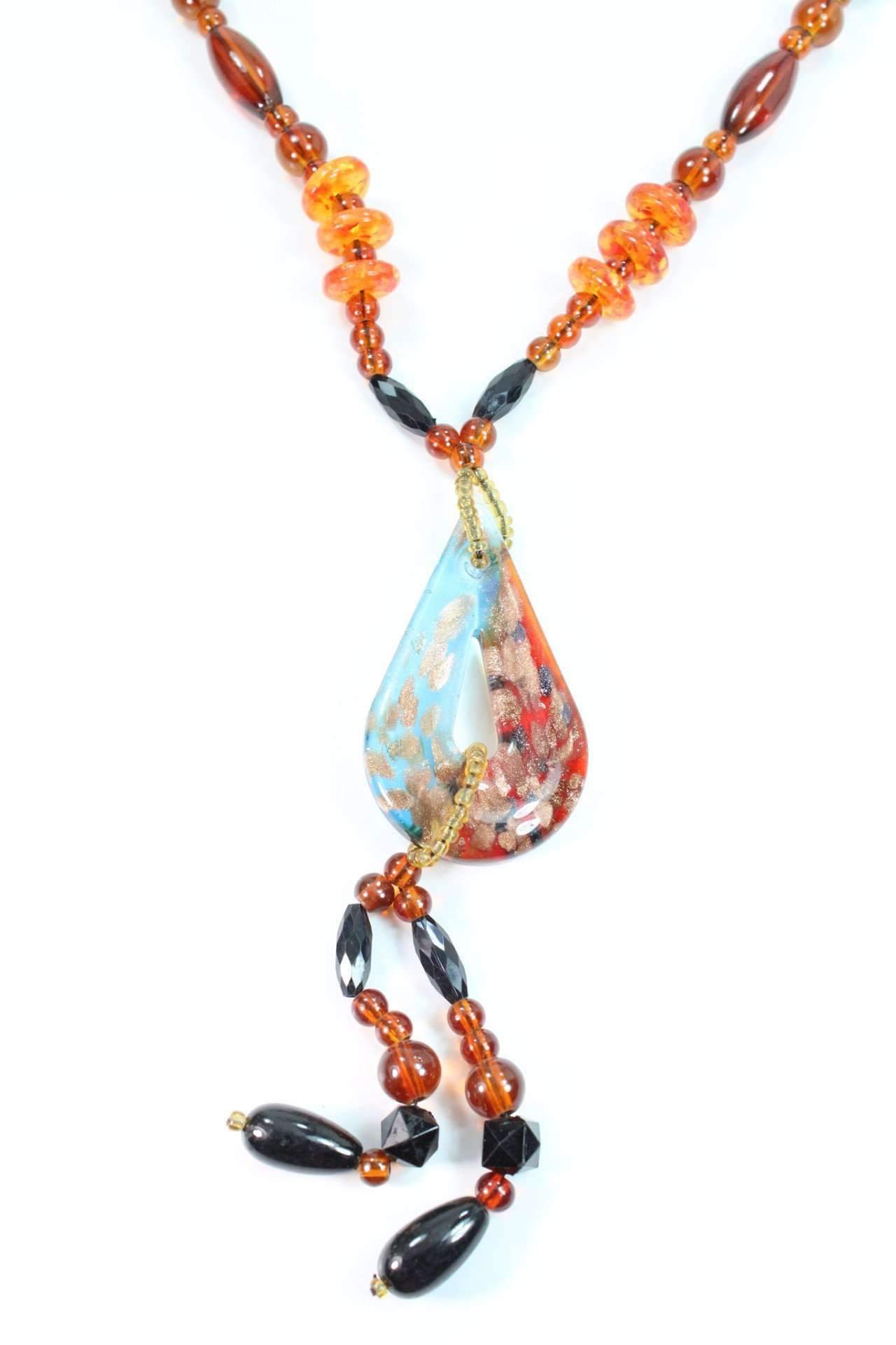 A stunning Pear Pendant Gypsy Style Shimmer Necklace featuring colorful resin beads and a golden shimmer pendant, perfect for stylish outfits.