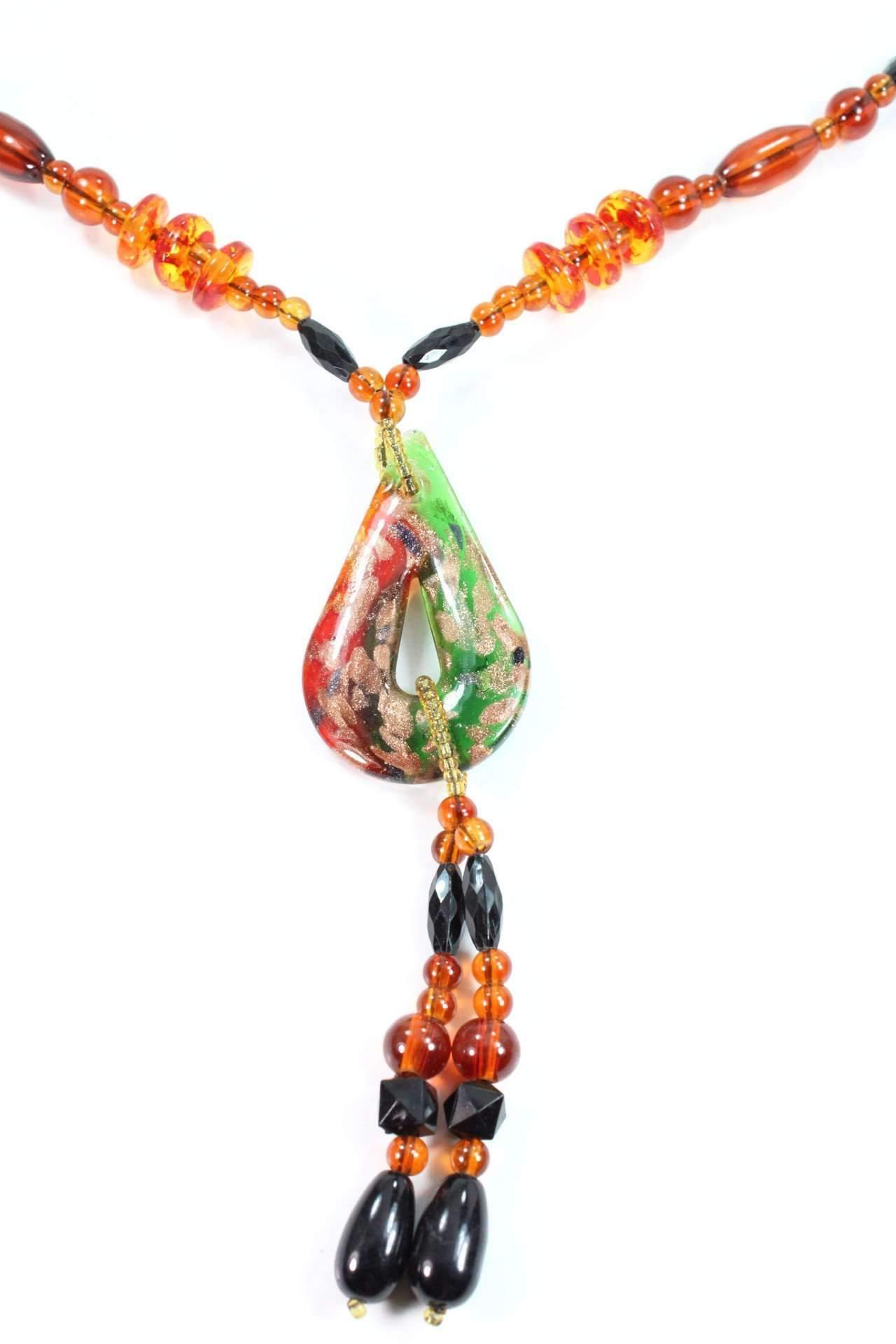 A stunning Pear Pendant Gypsy Style Shimmer Necklace featuring colorful resin beads and a golden shimmer pendant, perfect for stylish outfits.