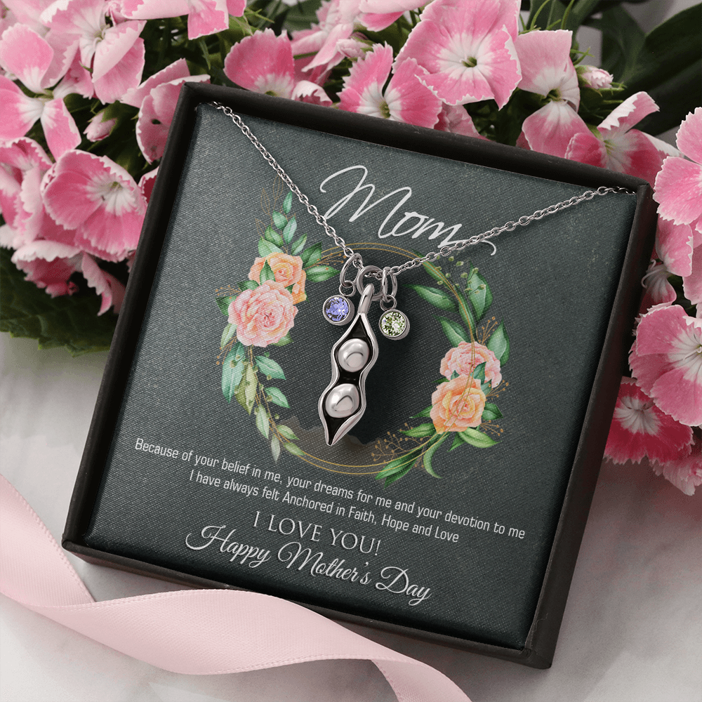 A beautiful Peas In A Pod Necklace featuring customizable peas and sparkling Swarovski® birthstones, crafted in 14K White Gold over Stainless Steel.