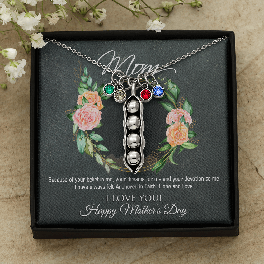 A beautiful Peas In A Pod Necklace featuring customizable peas and sparkling Swarovski® birthstones, crafted in 14K White Gold over Stainless Steel.