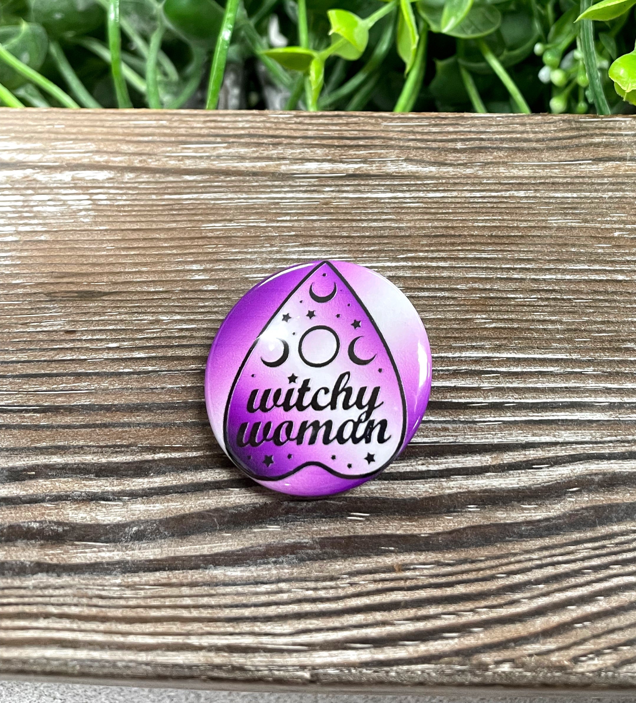 Planchette Purple Graphic Art Button, 1.25 inches, featuring a vibrant purple design on a durable plastic back.