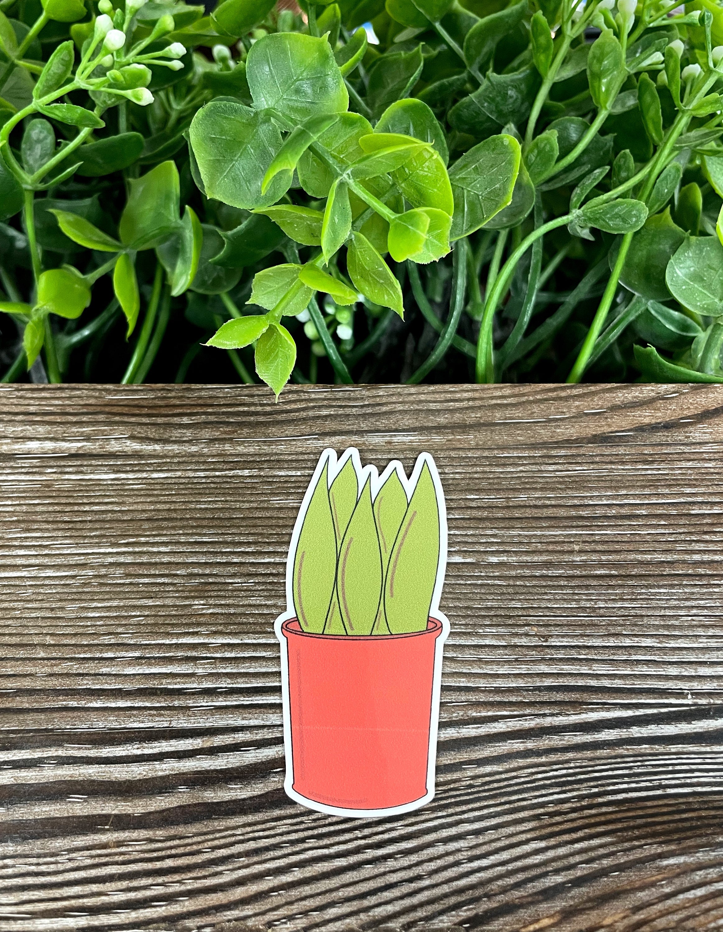 A vibrant die cut vinyl sticker featuring lush green plants in a stylish red pot, perfect for personalizing your belongings.