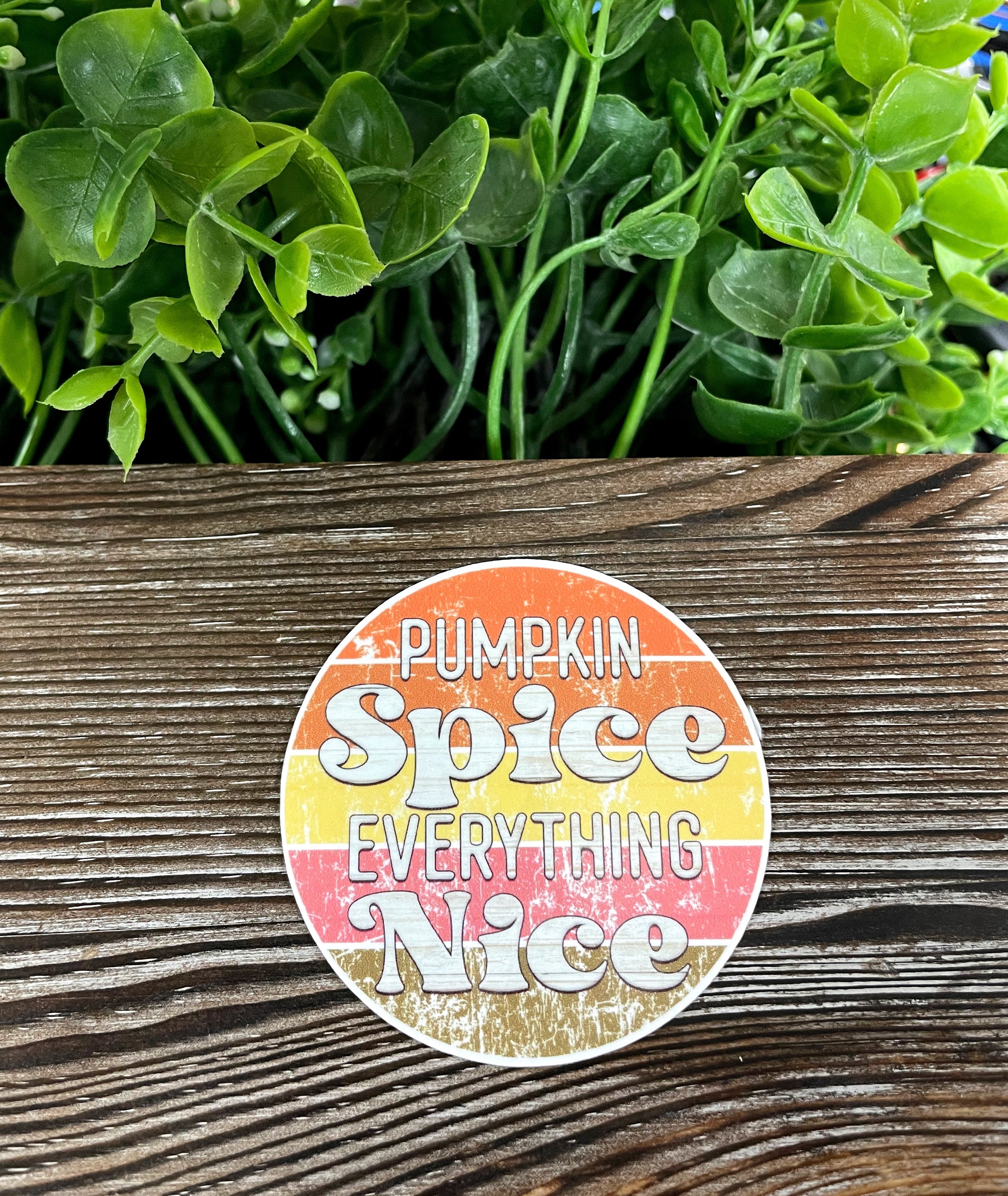 Pumpkin Spice Everything Nice die cut vinyl sticker featuring autumn colors and boho design, perfect for personalizing smooth surfaces.