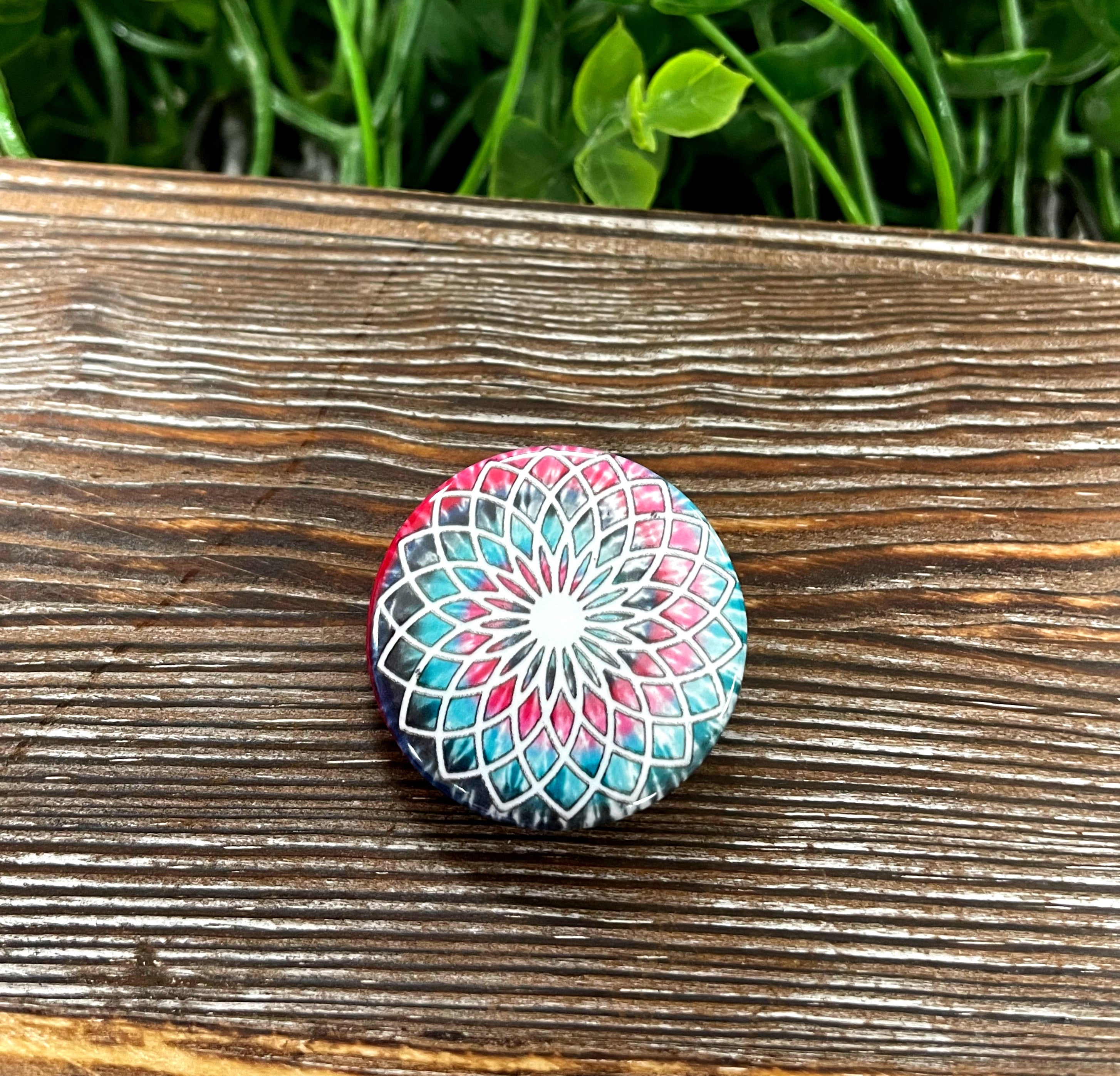 Red Blue White Tie Dye Button, 1.25 inches, vibrant colors, perfect for bags and masks.