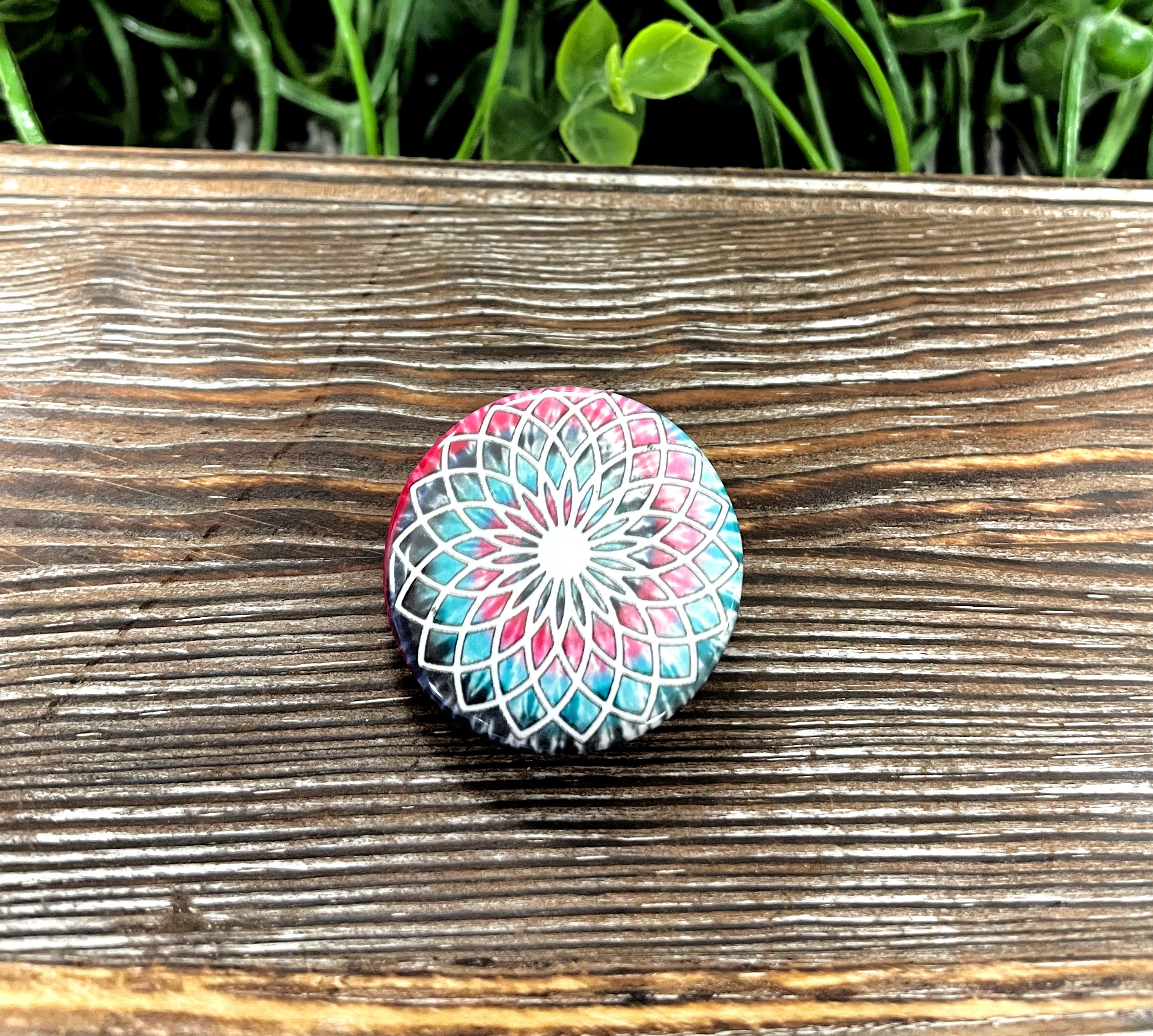 Red Blue White Tie Dye Button, 1.25 inches, vibrant colors, perfect for bags and masks.