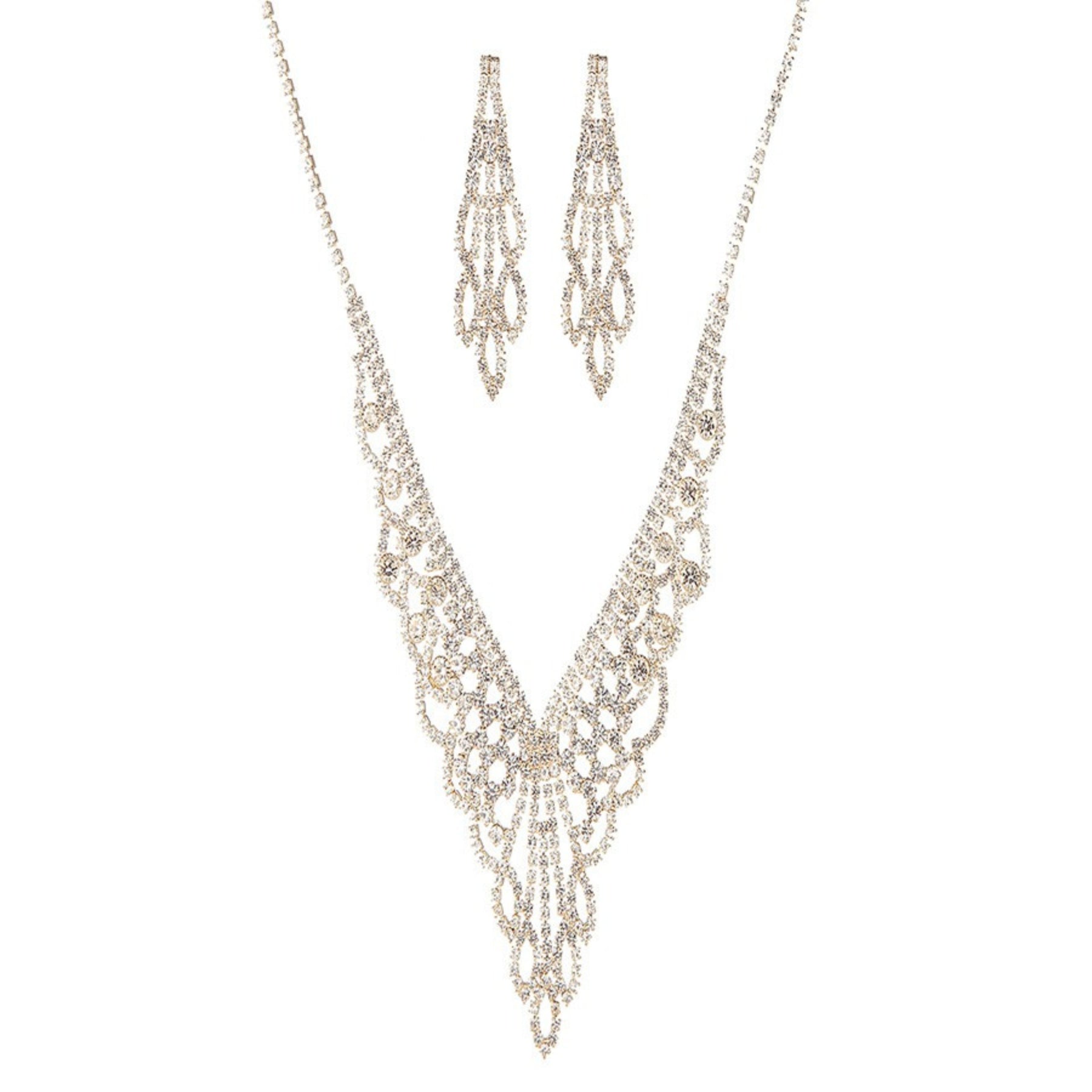 Rhinestone Accent Statement Necklace Set featuring a sparkling necklace and matching earrings, elegantly displayed.