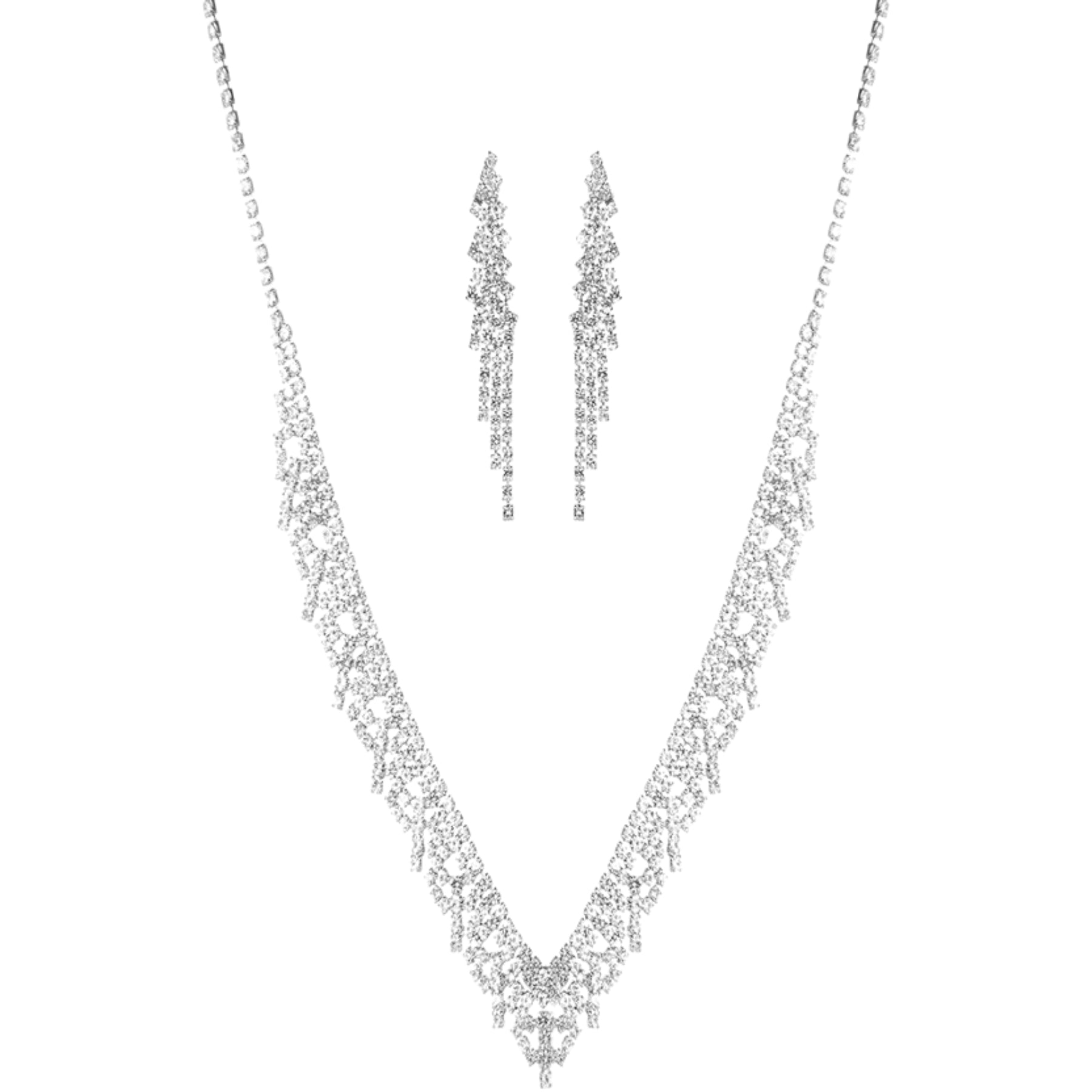 Elegant Rhinestone Bridal Necklace Set with matching earrings, featuring sparkling rhinestones and adjustable clasp.