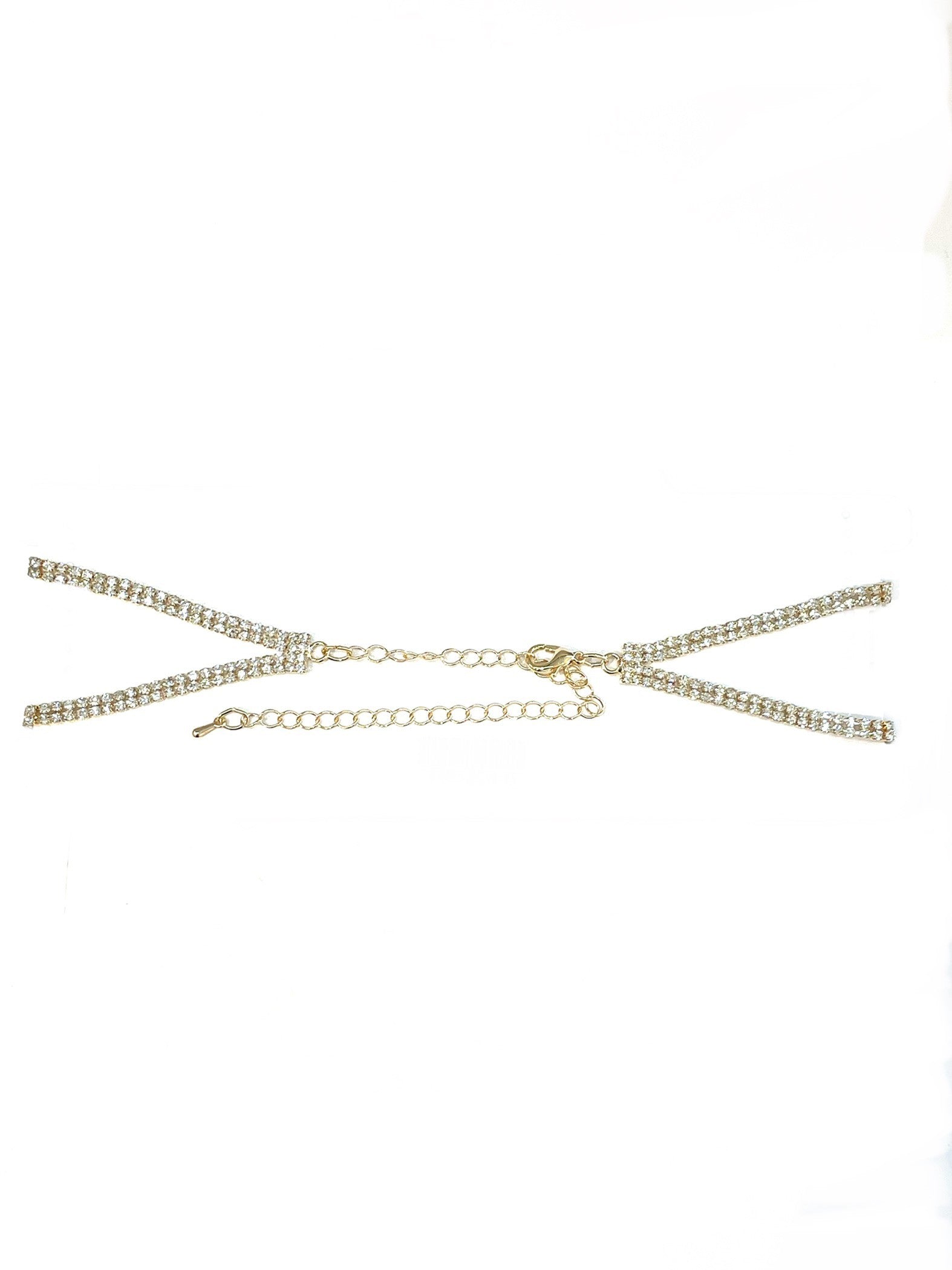 A sparkling rhinestone choker necklace with a lobster claw clasp and extender, elegantly displayed against a soft background.