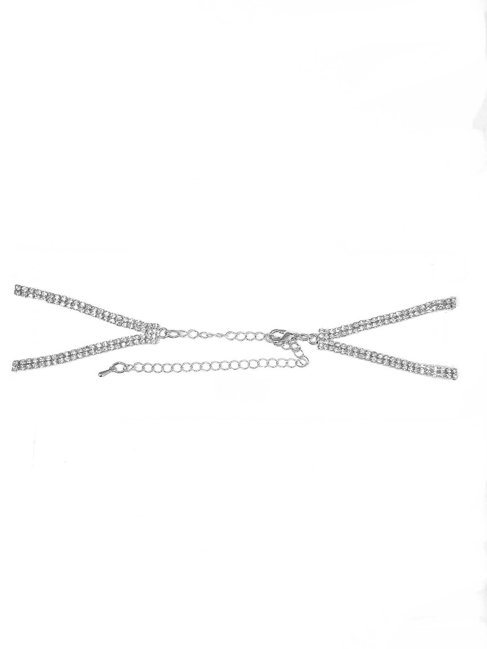 A sparkling rhinestone choker necklace with a lobster claw clasp and extender, elegantly displayed against a soft background.