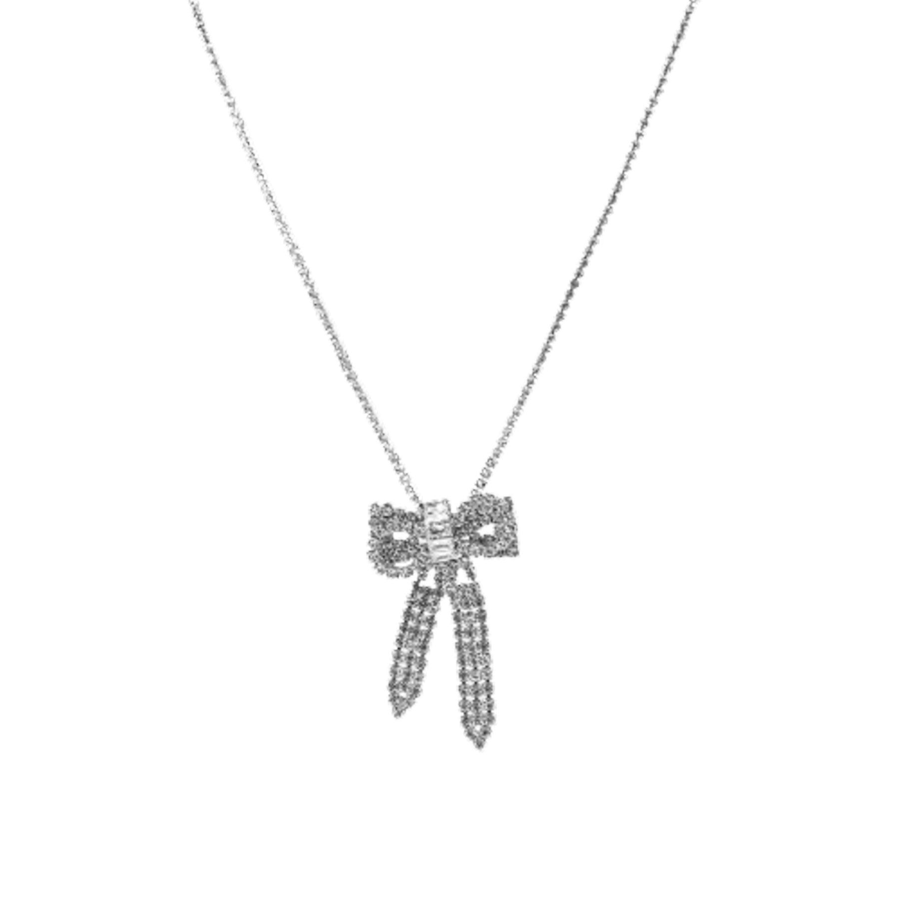 A stylish Ribbon Charm Necklace featuring a unique ribbon design and a lobster claw clasp, perfect for elegant occasions.