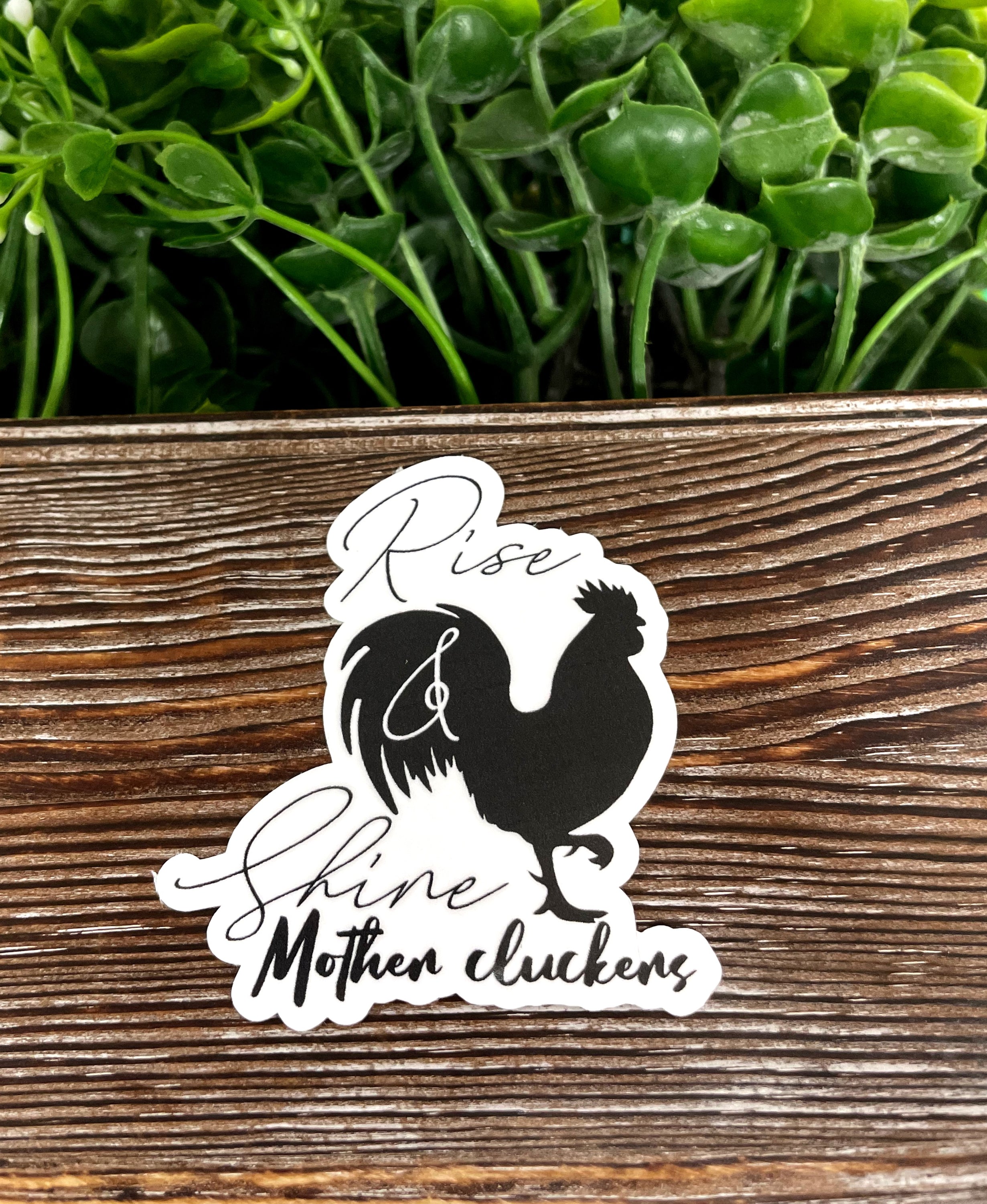 Colorful Rise and Shine Mother Cluckers die cut vinyl sticker on a smooth surface, showcasing its fun design and vibrant colors.