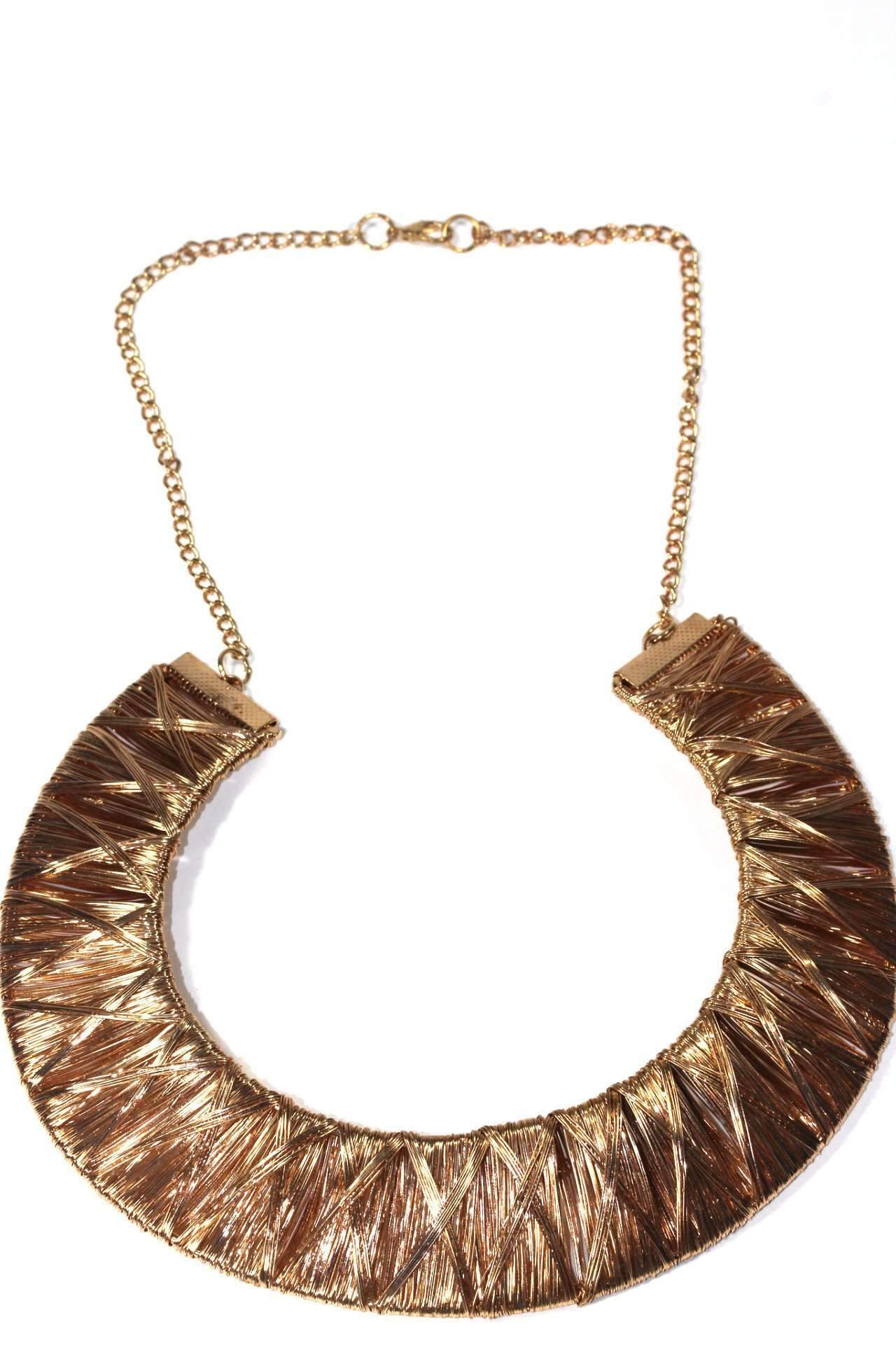 A stunning rose gold tone necklace featuring exotic woven designs, showcasing its unique craftsmanship and elegant shimmer.