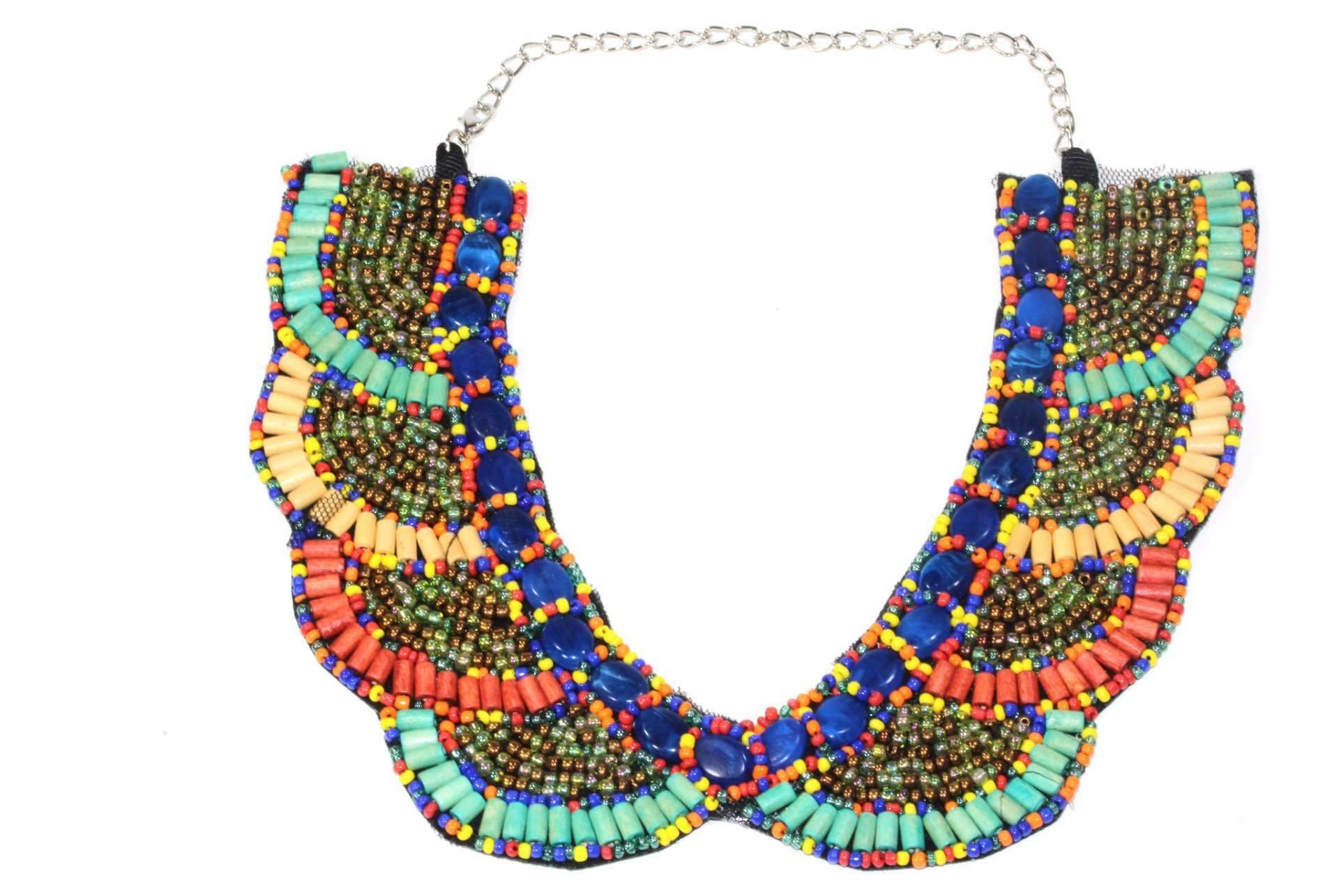 A vibrant Santa Fe Style Bib Necklace featuring artisan-made yellow, corral, and brown beads on net cloth, showcasing a unique and colorful design.