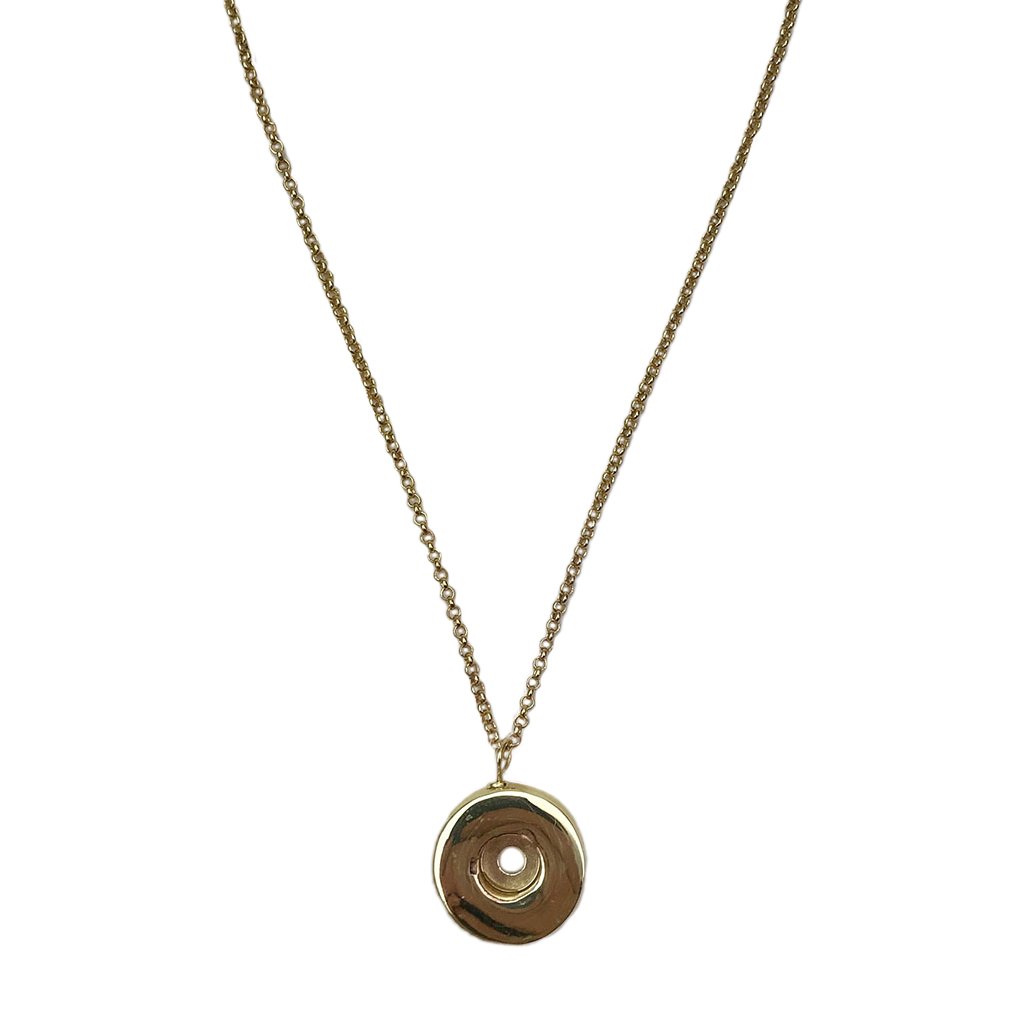 A stylish Shell Casing Pendant Necklace made from recycled bullet casings, featuring a gold plated chain, showcasing unique craftsmanship.