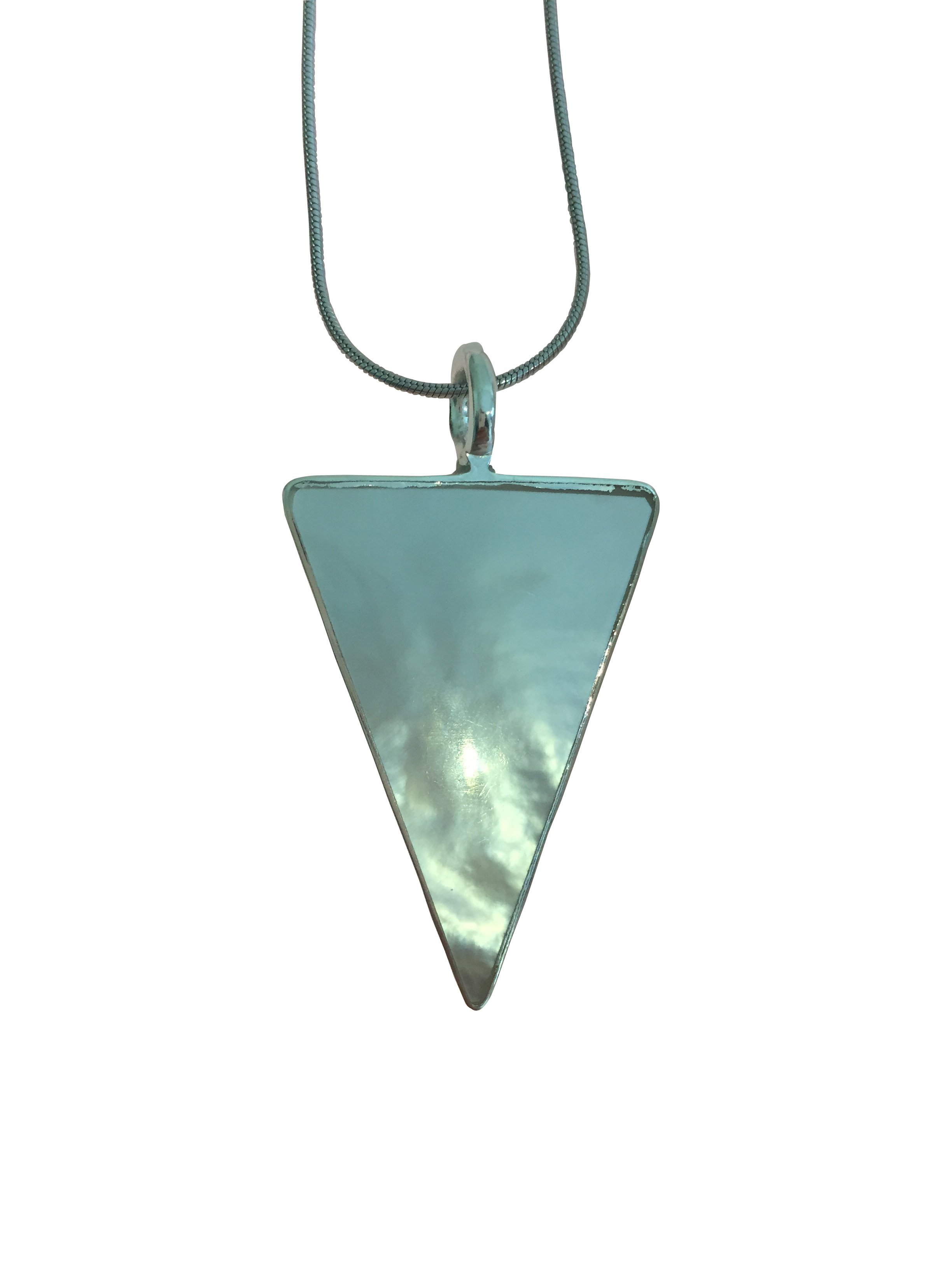 Elegant Silver Mother Of Pearl Necklace featuring a triangle design, crafted from 925 sterling silver, showcasing a beautiful iridescent stone.