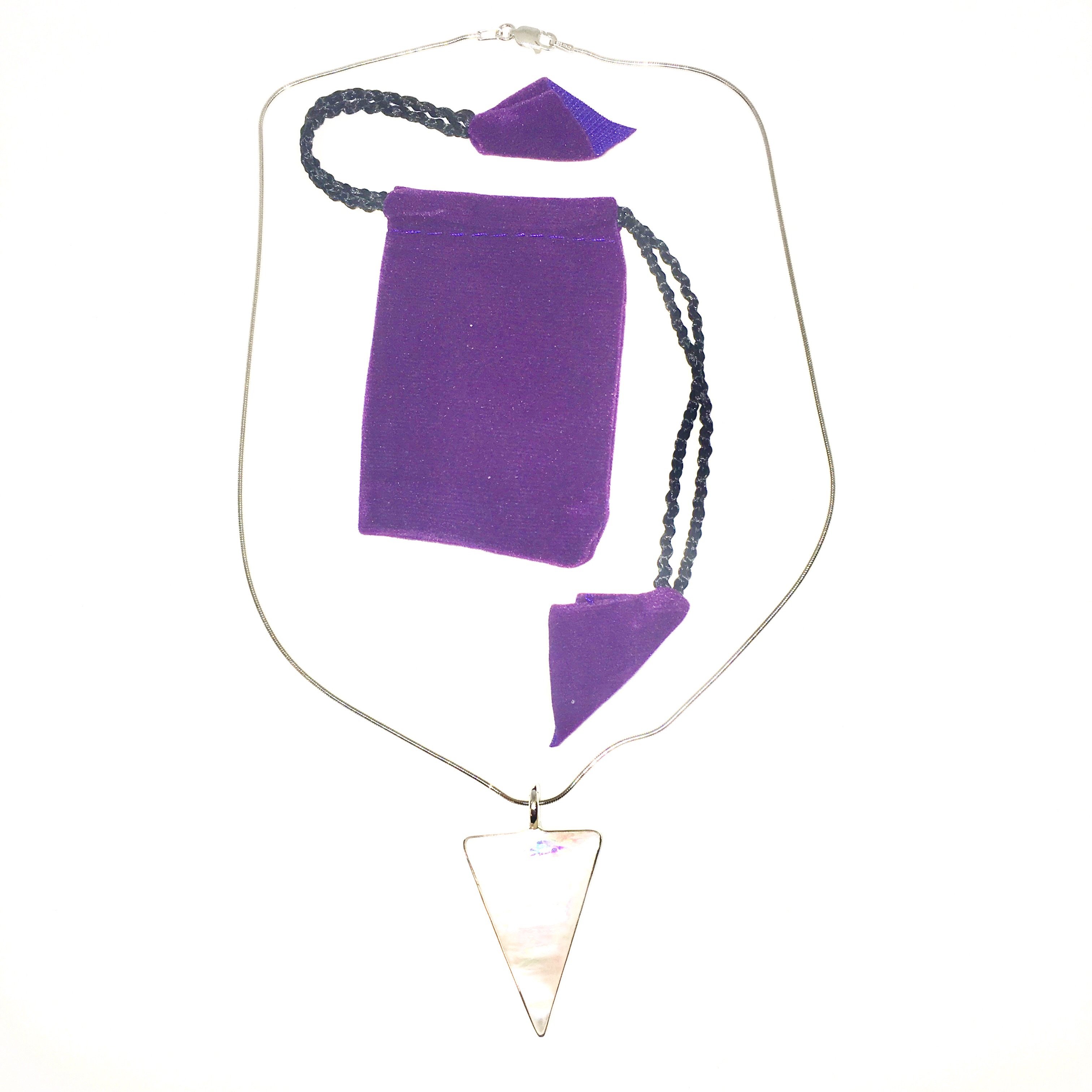 Elegant Silver Mother Of Pearl Necklace featuring a triangle design, crafted from 925 sterling silver, showcasing a beautiful iridescent stone.