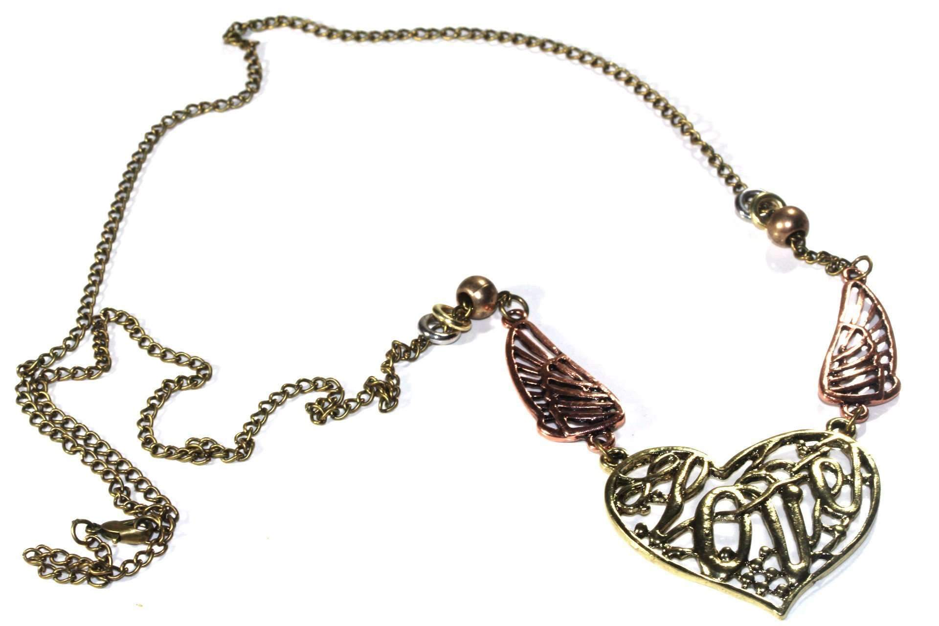 Antique-style gold tone necklace featuring copper tone angel wings and a heart pendant inscribed with 'Love' in cursive.