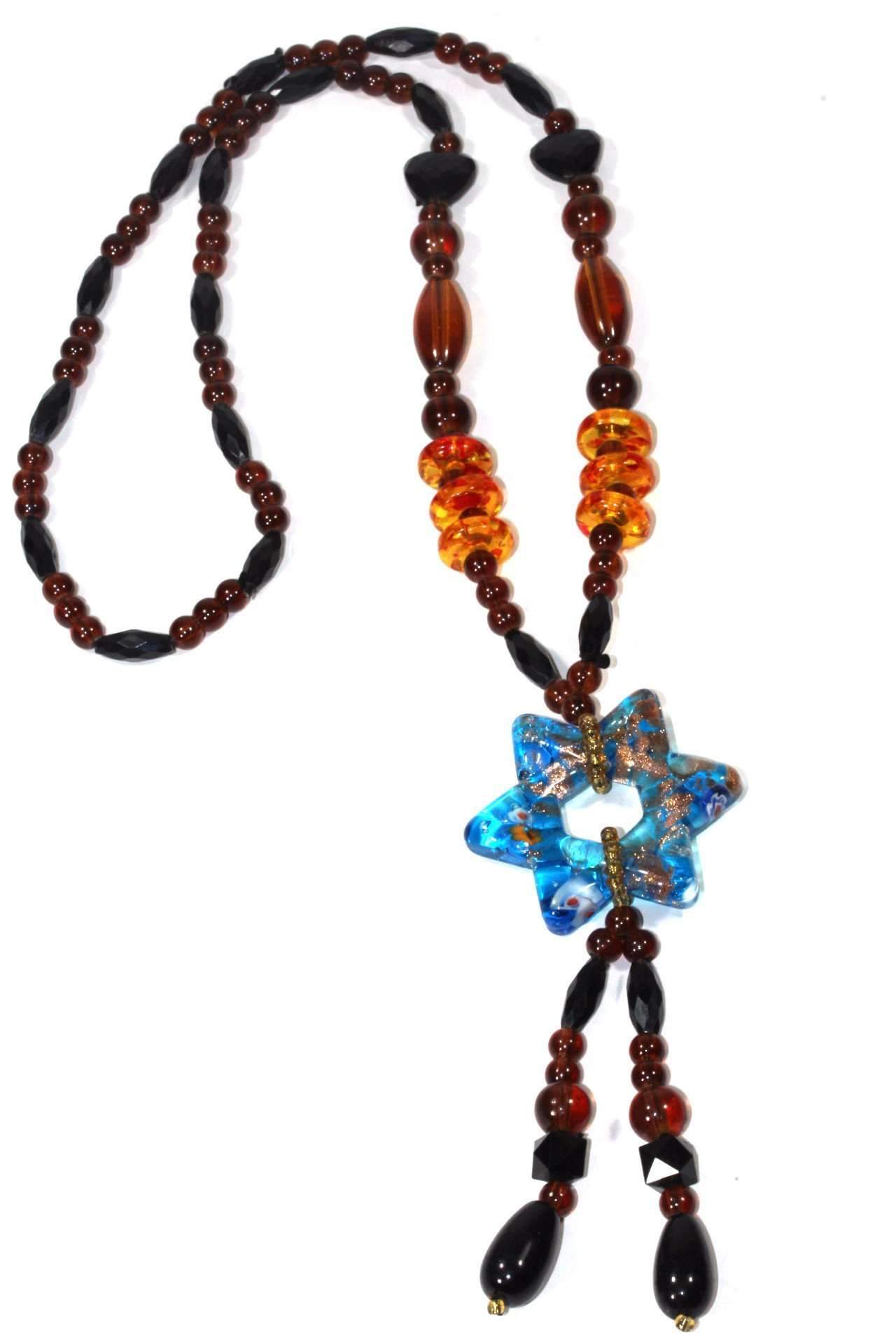 Star Pendant Gypsy Style Shimmer Necklace featuring colorful resin beads and golden shimmer accents, perfect for stylish outfits.