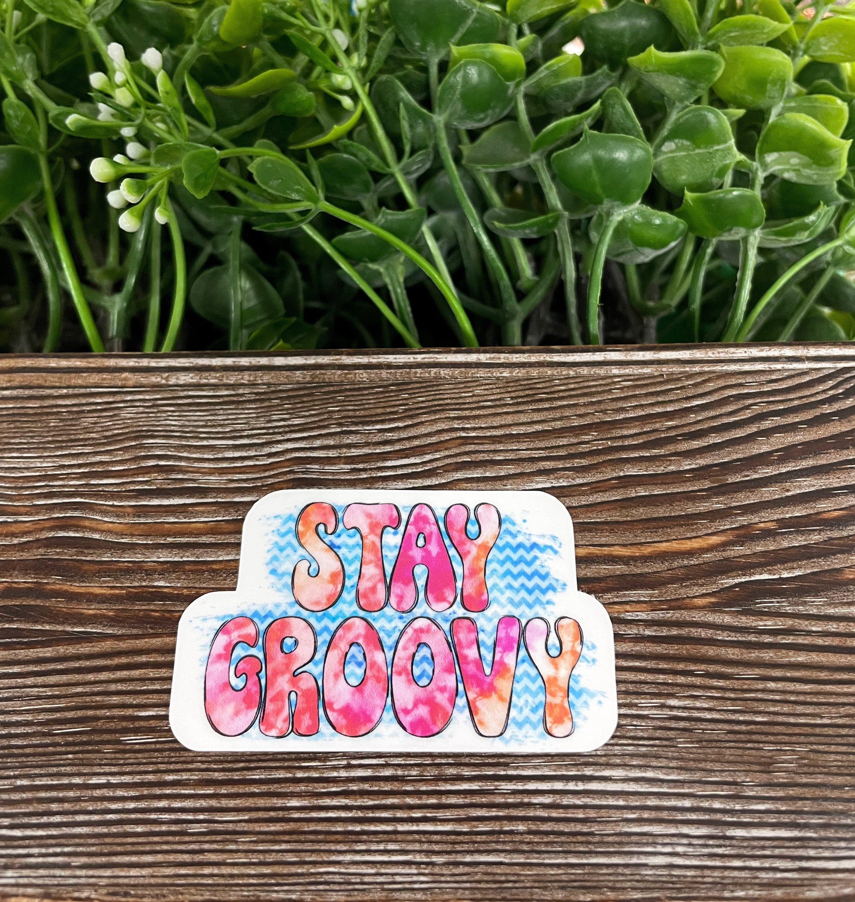 Stay Groovy die cut sticker featuring vibrant boho graphic art, perfect for personalizing various smooth surfaces.