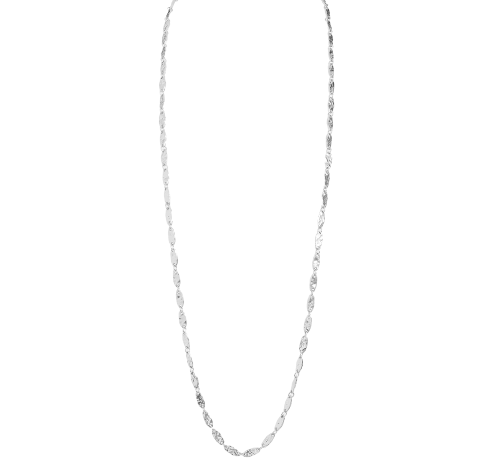 A stylish textured link long chain necklace with a high gloss finish, measuring 36 inches in length, featuring a lobster clasp and available in gold, silver, and rose gold.