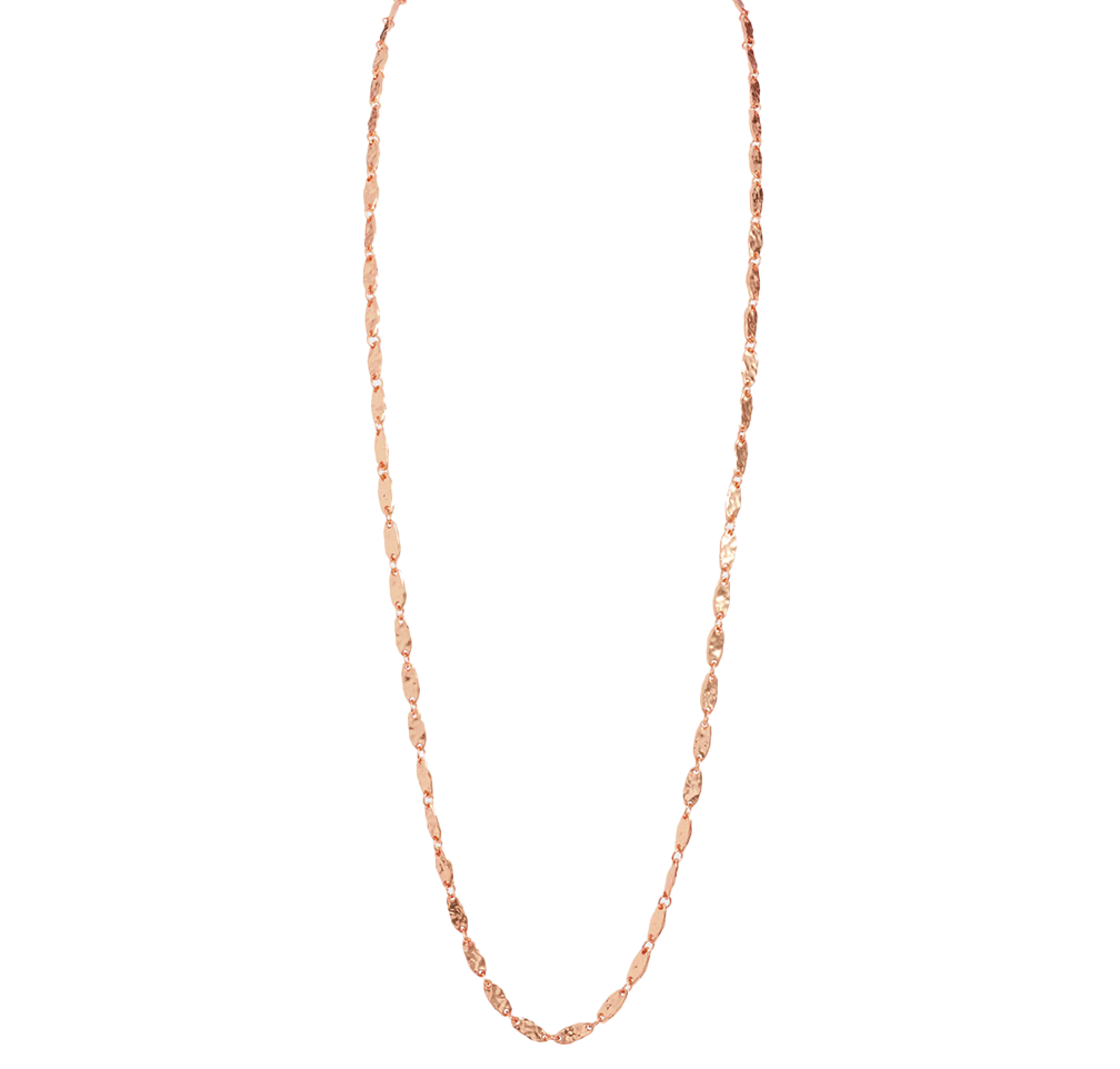 A stylish textured link long chain necklace with a high gloss finish, measuring 36 inches in length, featuring a lobster clasp and available in gold, silver, and rose gold.