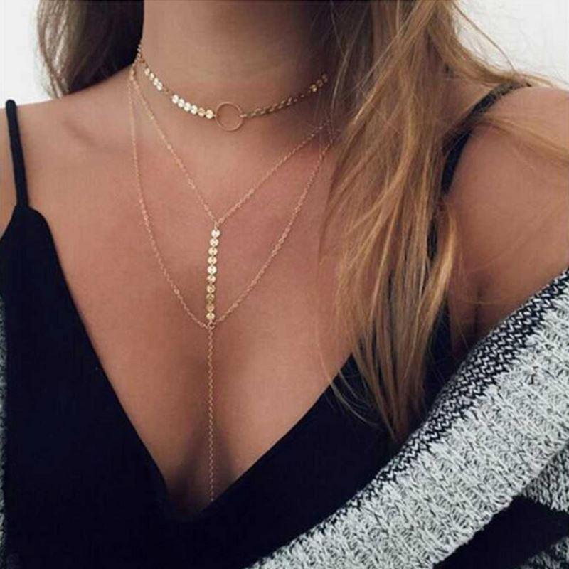 Three Layer Lariat Choker Necklace featuring a circle pendant with coins and chains, crafted from high-quality zinc alloy.