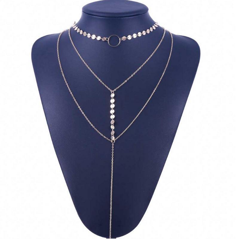 Three Layer Lariat Choker Necklace featuring a circle pendant with coins and chains, crafted from high-quality zinc alloy.