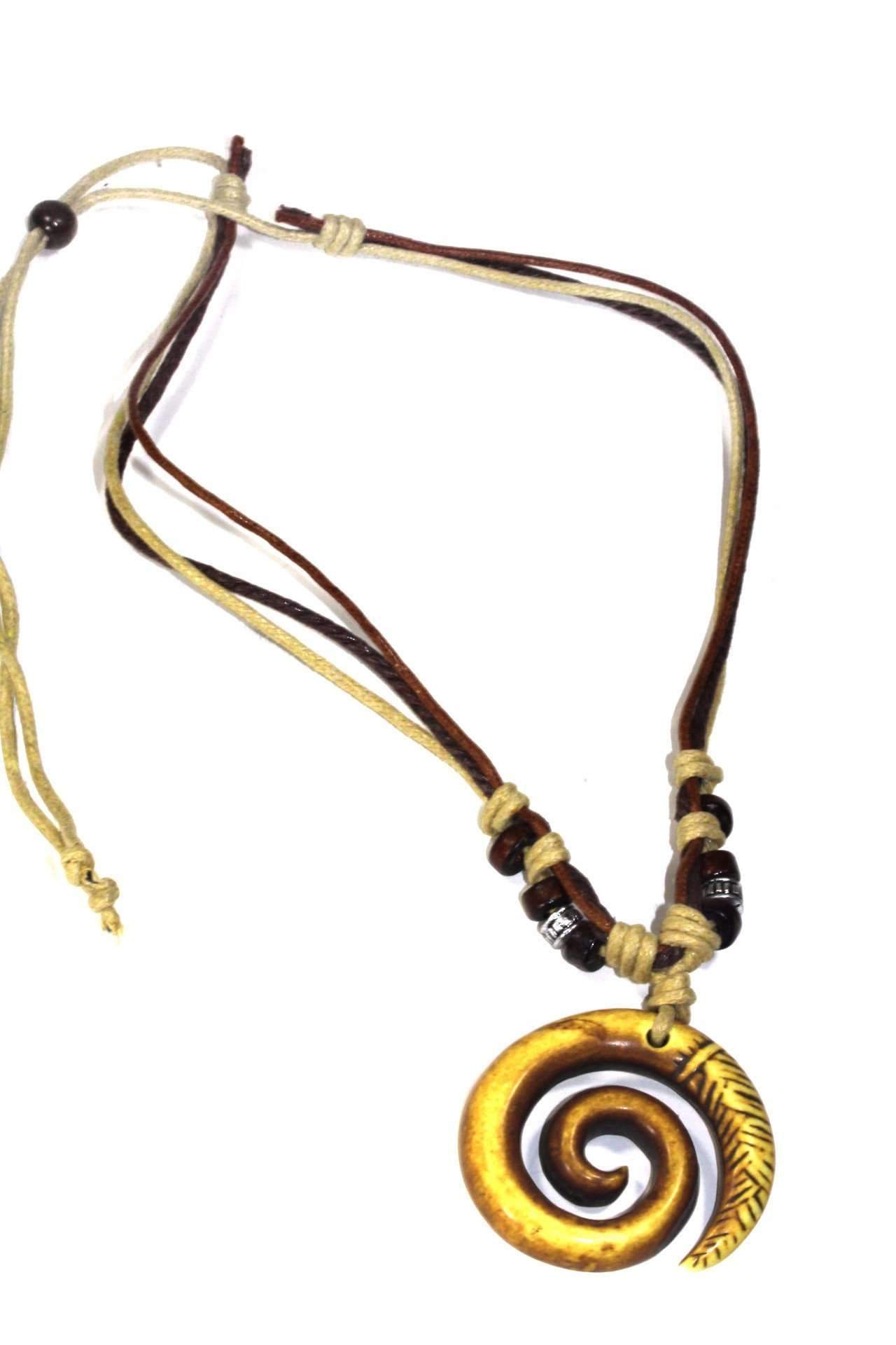 Tribal Spiral Boho Style Necklace featuring tri-color cords, wooden beads, silver-tone charms, and a spiral pendant symbolizing growth.